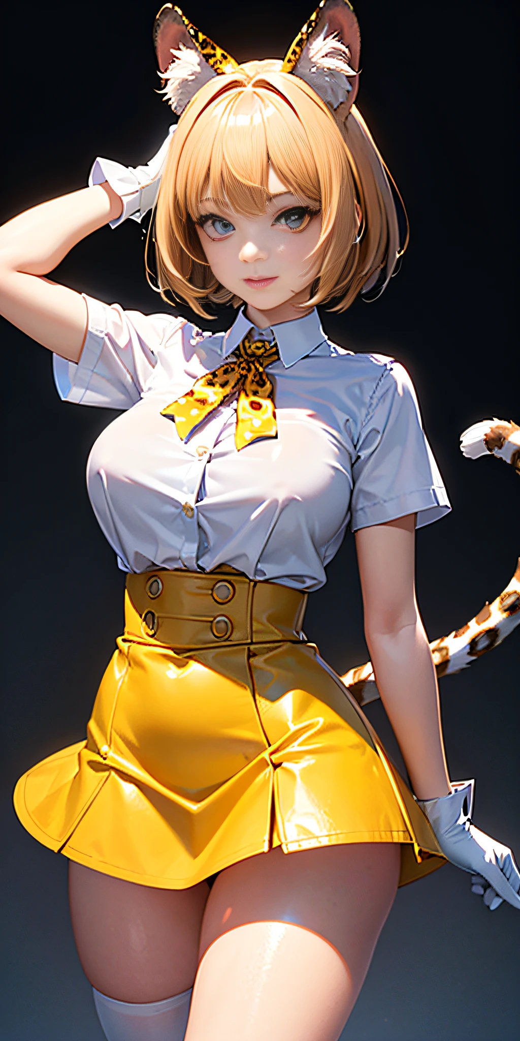 cowboy shot, beautiful eyes, Masterpiece, Best quality, realistic photo, solo1girl, serval, blonde hair, Cat ears, Cat tail, ((leopard spots on:W Arms, White gloves, White shirt. (50% cowboy yellow high waist miniskirt))), High Resolutions, Kemono friends, large firm and round breasts, looking at viewer, orange eyes, tail, high yellow thighs