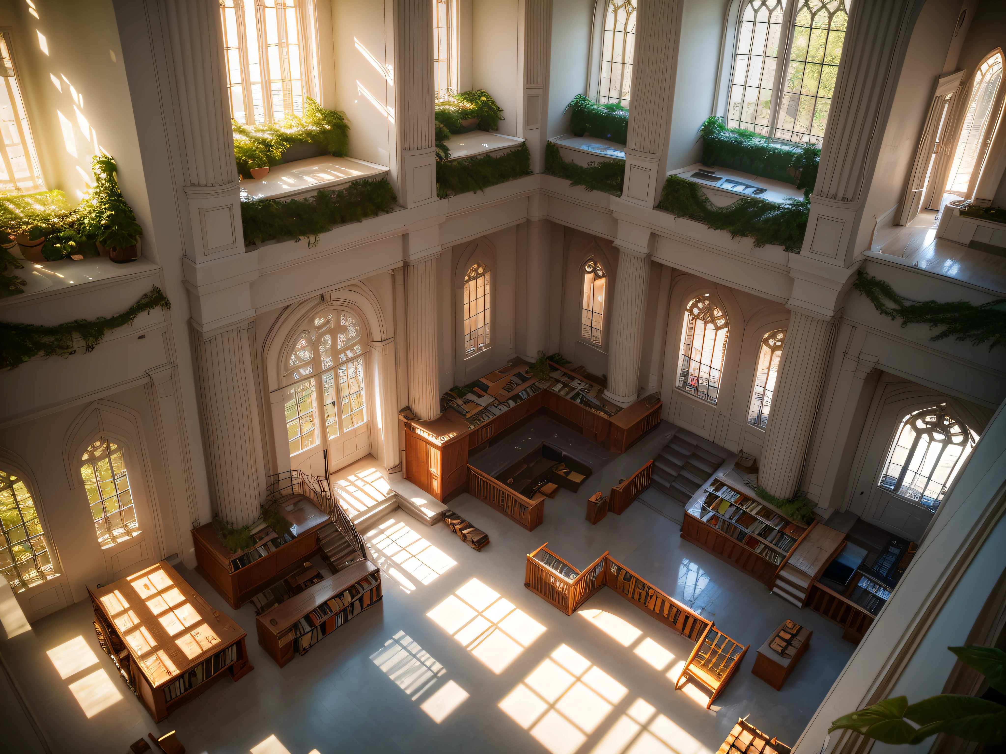 Sunlit Atrium: A central atrium flooded with natural light, surrounded by books and reading spaces.