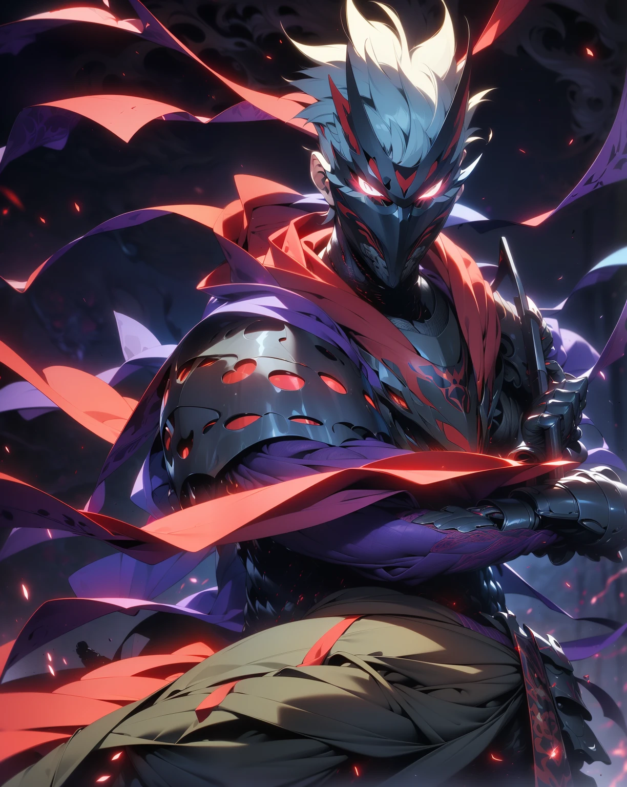 Super Realistic, Hyper Realistic, Super Detailed, (cybersamurai, 1boy, ((solo)), attacking with purple sword, wearing blue-red armor and mask, cape, glowing beautiful red eyes, glow:1.3) (glowing simple black background:1.25),