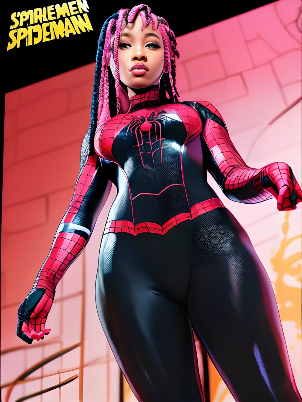 black girl, superhero Spider Girl - Miles Morales, combat stance, highly detailed, vibrant appearance, creative behavior, imaginative, , spontaneous, small breasts, sexi, naked breasts, topless, revealing, highest quality, skin texture, intricate details, (cinematic lighting), RAW photo, 8k, masterpiece,best quality,ultra-detailed,very detailed illustrations,extremely detailed,intricate details,highres,super complex details,extremely detailed 8k cg wallpaper