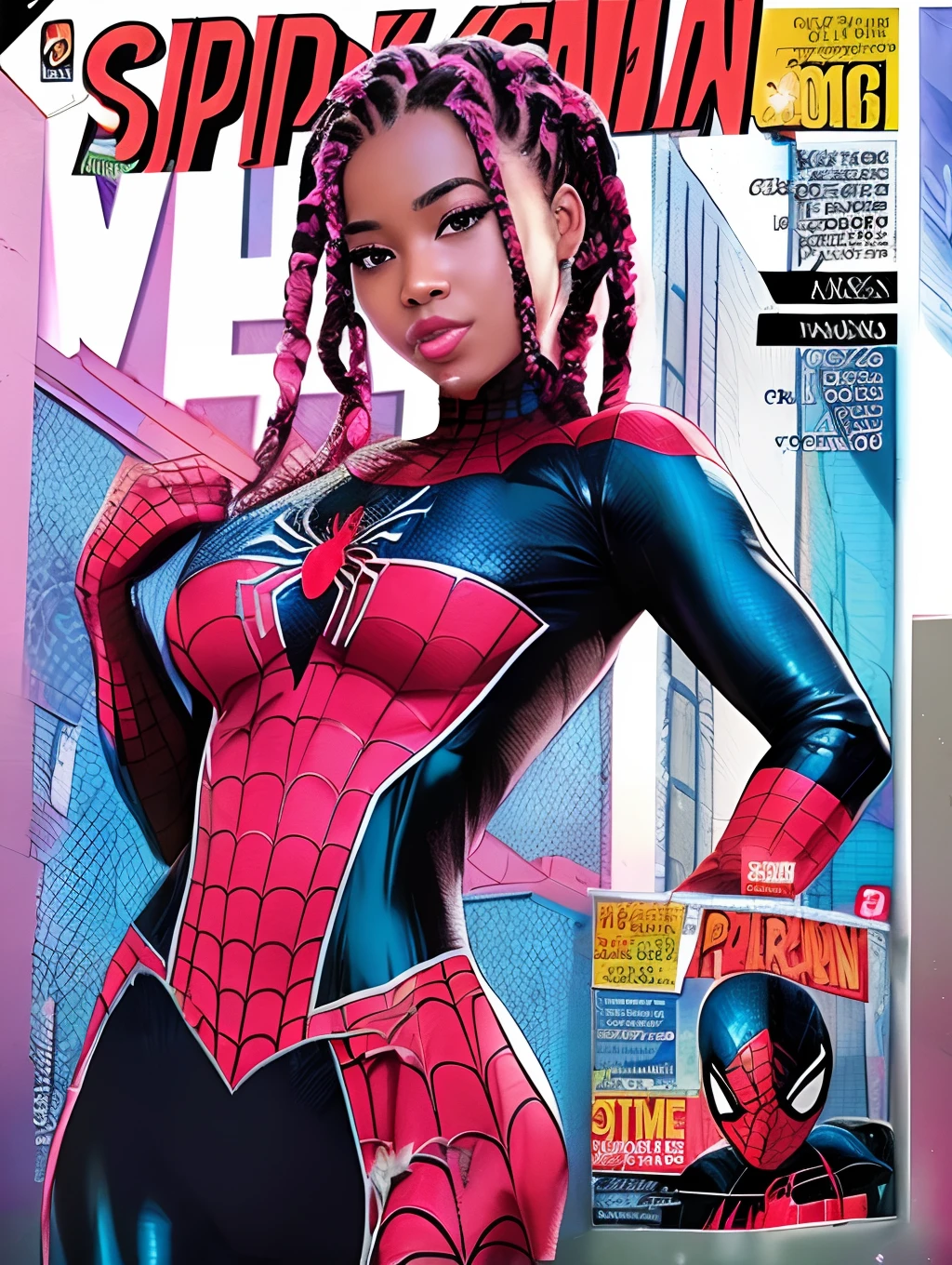 Comic marvel panel of a black girl with box braids and pink highlights and she’s Spiderman in a black and pink spidersuit