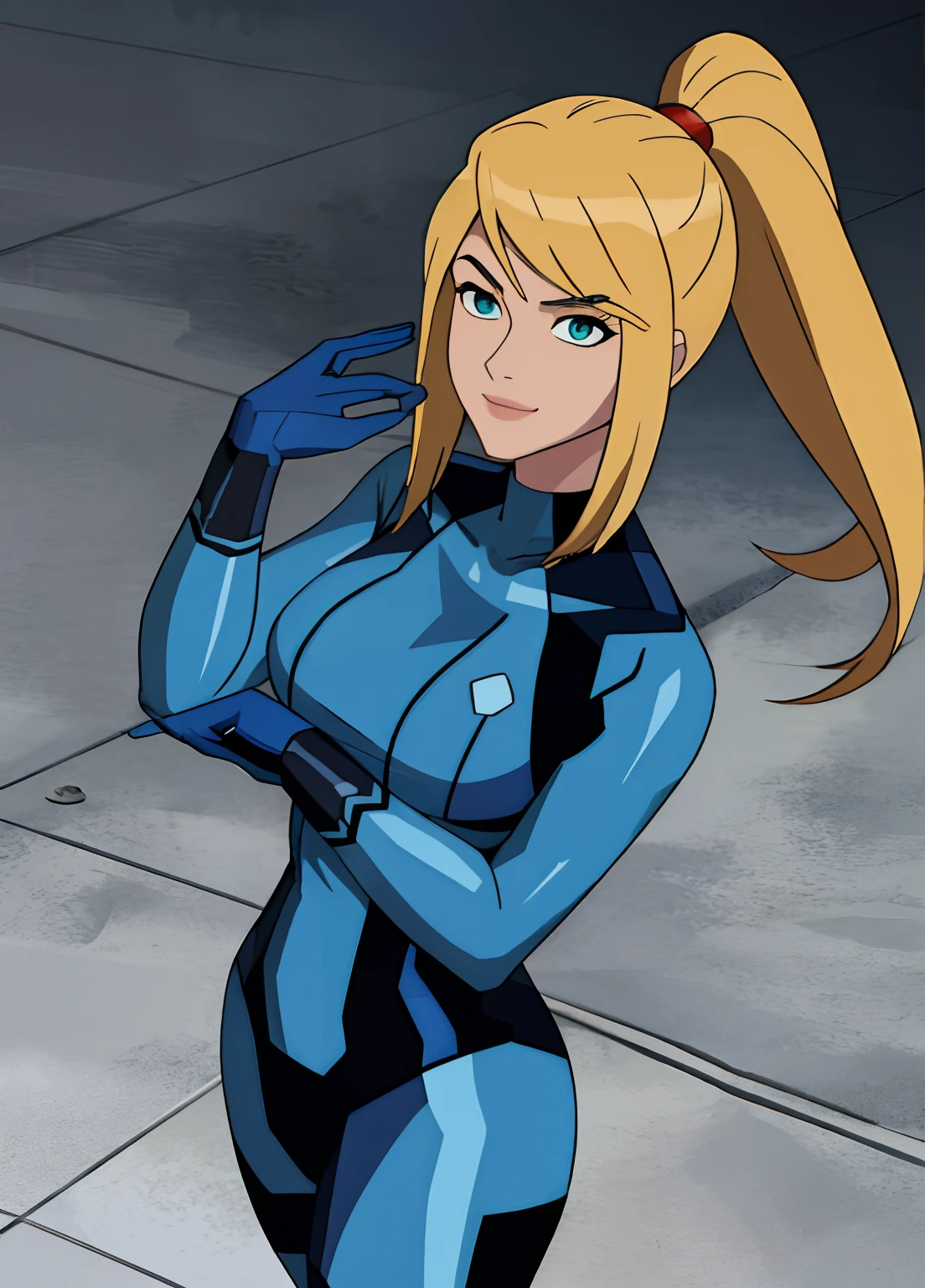 samus aran, ponytail, hair tie, blue gloves, ((blue bodysuit)), high heels (masterpiece, best quality:1.4), (modern days), (cowboy shot), 1girl, solo, pov, stunning girlfriend, (standing:1.1), elegant face, beautiful face, highly detailed face, highly detailed skin, medium breast, smug smile, looking at viewer,16k hdr, curvy, hand to hip, ben10af