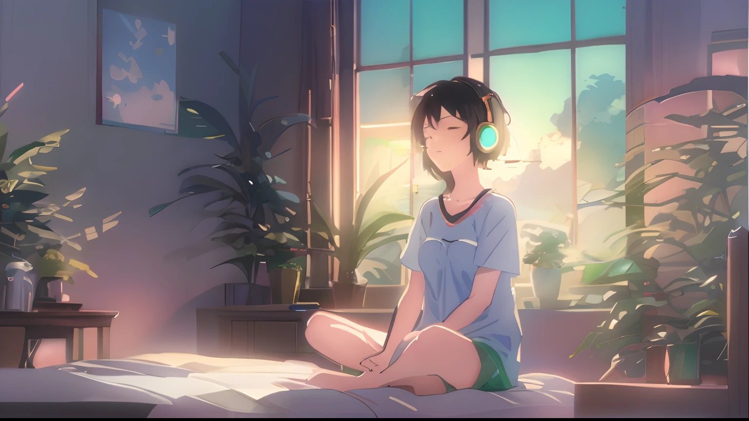 Anime girl sitting on bed wearing headphones，With his eyes closed, lofi-girl, Praise Artstyle, lofi portrait, Lofi art, relaxing atmosphere, lofi vibes, lofi feel, anime big breast. Soft lighting, makoto shinkai art style, lofi vibe, anime vibes, lofi, relaxing mood, Relaxing concept art, Relaxing environment