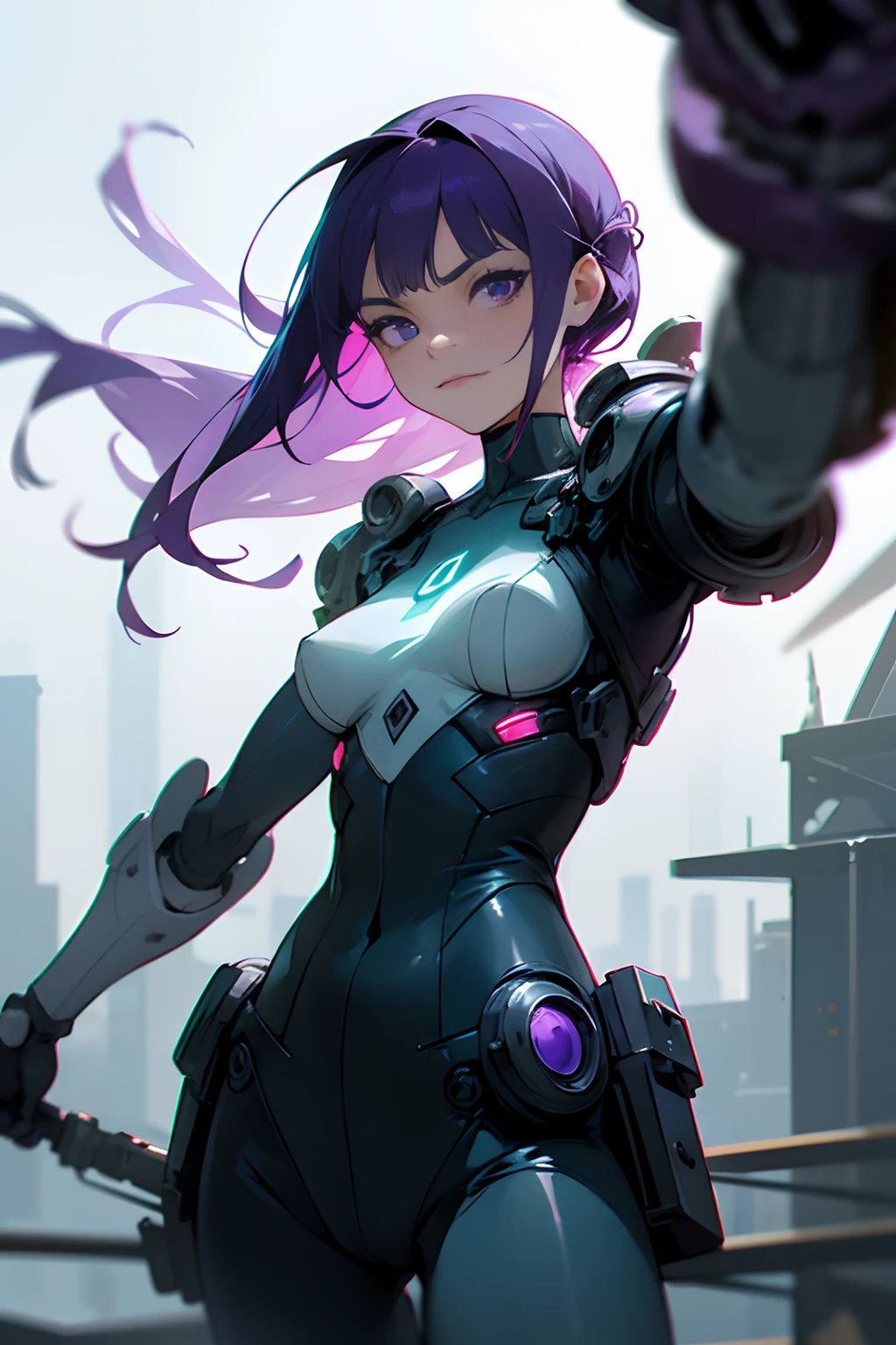 Create a stunning piece of sea art featuring Makima from Chainsaw Man in a cyberpunk style. Makima, the one girl in the scene, should be portrayed in a cowboy shot. Her character details should include:
Purple hair and purple eyes.
Long hair.
A closed-mouth smile with a stare directed at the viewer.
She's wearing a VR helmet, a cybernetic bodysuit with mechanical headwear, earpiece, and bodysuit.
Adorned with shoulder armor.
A skirt.
Mechanical arms with intricate mechanical parts.
She wields a sword.
The scene is set in a cyberpunk city with neon lights illuminating the night sky.
Makima should have a glaring and angry expression, creating a weird and intense atmosphere.
The image should be of the highest quality (1.1) and considered a masterpiece (1.2).
It should feature high-quality shadow and beautiful, detailed elements, including her skin.
The image should be wide and landscape-oriented, preferably in 8K resolution.
Makima's face should be beautiful and highly detailed, with expressive eyes.
Create depth of field and dramatic lighting effects, including the best shadow and illumination techniques.
Incorporate elements of depth of field, including a blurry background and foreground.
Add motion blur to enhance the dynamic feel of the artwork.