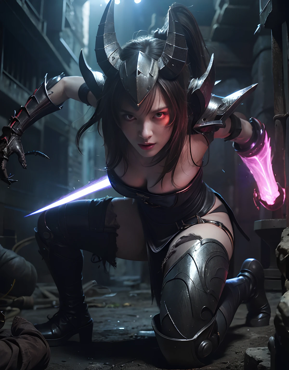 (One Knight Girl)、top-quality、masterpiece、超A high resolution、(Photorealsitic:1.4)、Raw photo、1人、Fight mutants、(Wear the Dark Knight's Armor)、glowy skin、(((Dark Fantasy)))、With a beautiful sword and shield、(Black Metal Bodysuit)、(Fight goblins、ogre、Fierce battle with orcs),(Fight fiercely against aliens)、Fight fiercely、(Skeleton collective background),(Background of decaying dungeon ruins)、(Skeleton helmet)、(Fighting Demonic Beasts)、(Small LED)、((super realistic details))、portlate、(Strong giant demon beast background),globalillumination、Shadow、octan render、8K、ultrasharp、Colossal tits、Raw skin is exposed in cleavage、metals、Details of complex ornaments、Japan details、highly intricate detail、Realistic light、(Mystical expression),CGSoation Trends、Red Eyes、radiant eyes、Facing the camera、neon details、(Mechanical limbs)、(blood vessels connected to tubes)、()、Gundam、Small LED、Toostock、(Fight aliens on another planet)、(Attack of the Monster Beasts)、(Wounded in a deadly battle)、