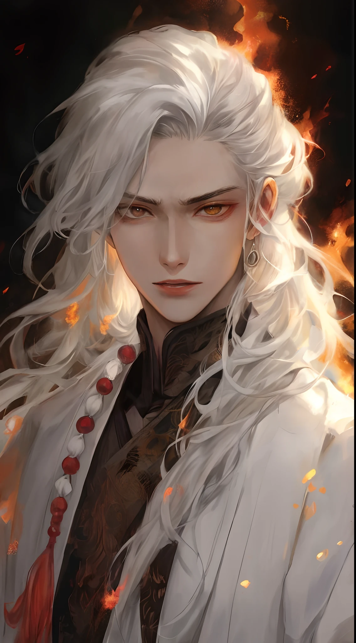 Un primer plano de una persona con el pelo largo y blanco y una chaqueta blanca, Chico guapo en el arte de Demon Slayer, Deidad de pelo blanco, por Yang J, con el pelo largo y blanco, ojos violetas. handsome japanese demon boy, pelo blanco, con pelo largo blanco, Hermoso dios masculino de la muerte, Loong, Hermosa pintura de personajes, fire behind him, beautiful androgynous prince, cano, rostro pacifico. Feliz. Tranquilo.