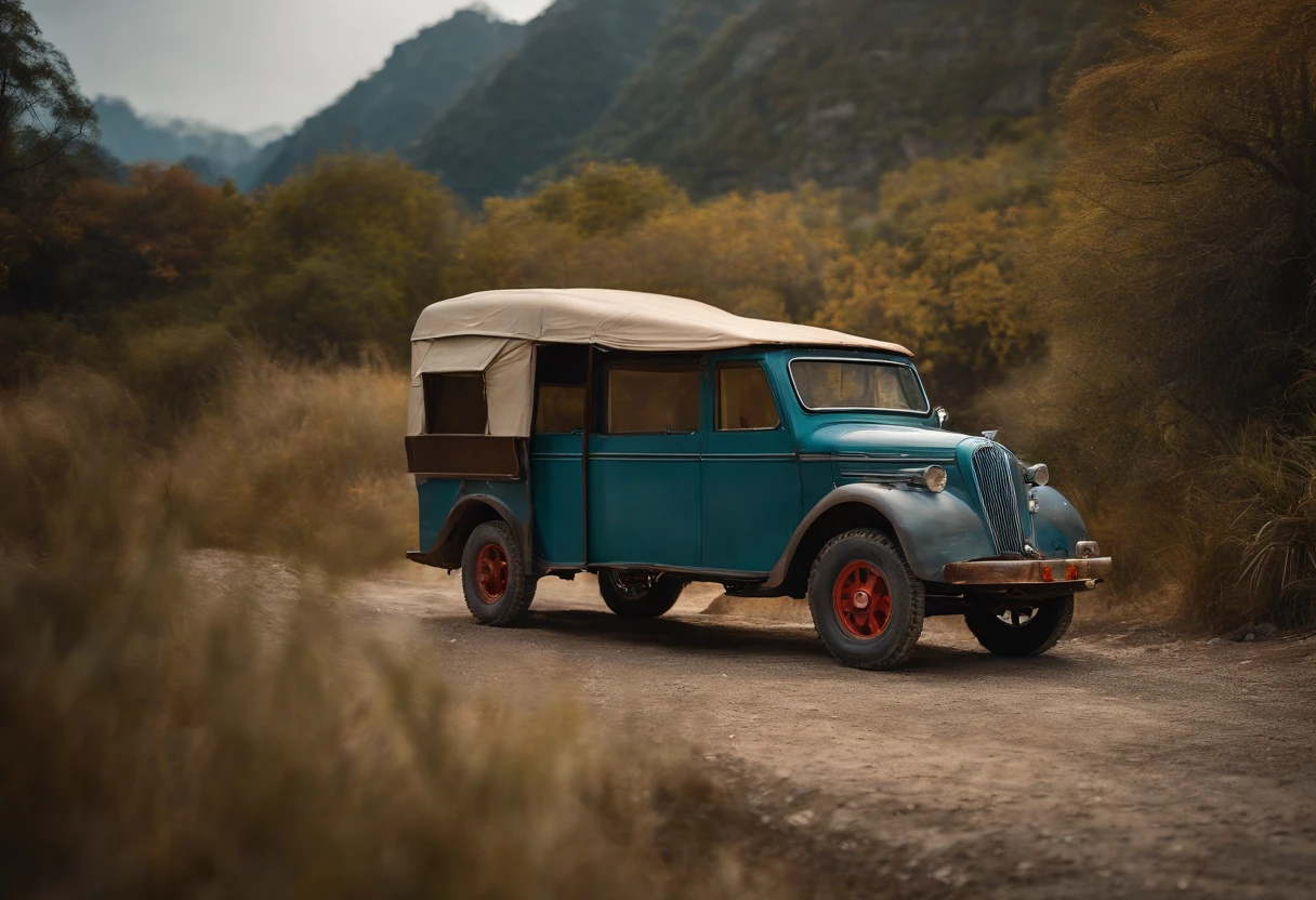 Bearded ancient Chinese man with his Imaginative Motor home, natural scenery