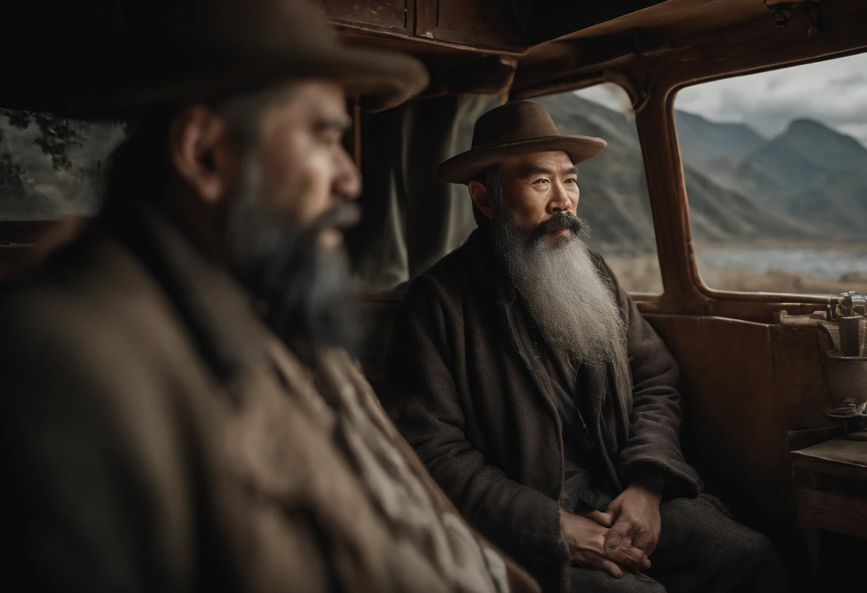Bearded ancient Chinese man with his Imaginative Motor home, natural scenery