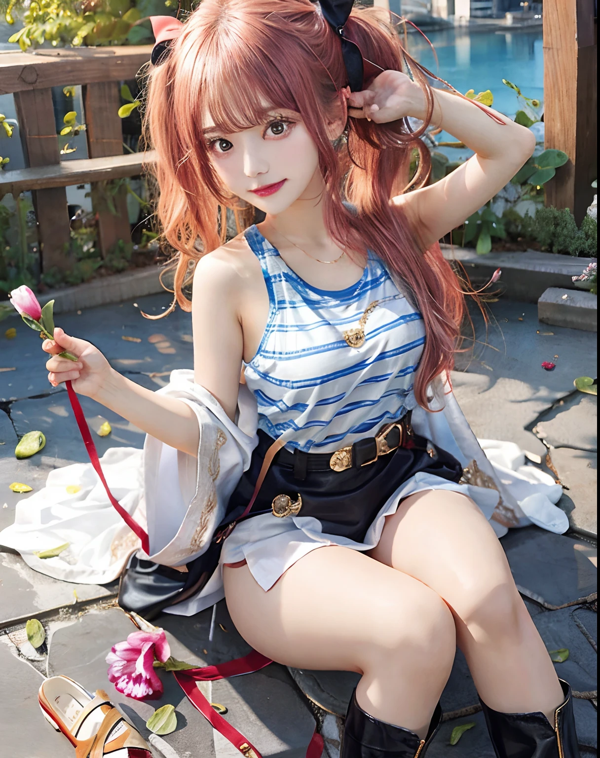 Highest quality, masterpiece, High resolution, 一人in, {Sichuan wind_Kantai Collection:1.15}, length_hair, red_hair, ribbon, hairband, hair_ribbon, 前hair, Ahoge, twintails, Side Lock, low_twintails, asymmetrical_前hair, very_length_hair, smile, green_eye, Seraphim, Sleeveless, hair_flap, 1 Girl, black_gloves, Braiding, Cape, elbow_gloves, fingerless_gloves, gloves, looking for_in_Audience, scarf, School_uniform, twin_Braidings, yellow_eye, neckerchief, skirt, torpedo, mechanical, Open_mouth, pleined_skirtリフト, (panties), (panties), (bra), (In underwear), (Flashy underwear), (lingerie),