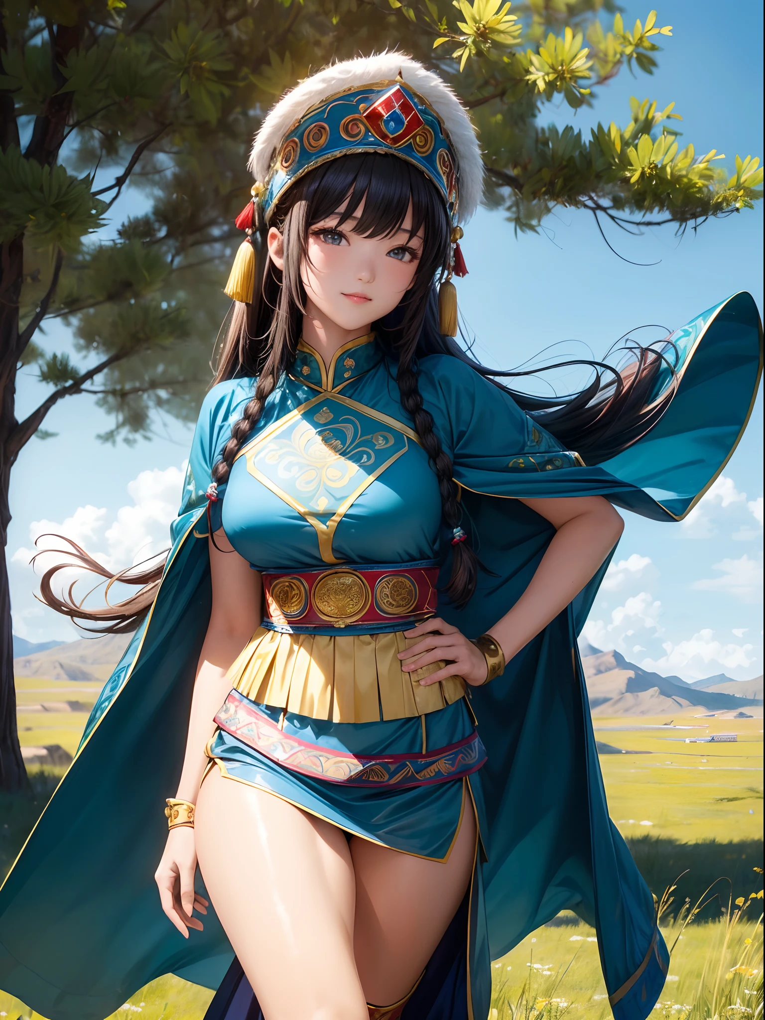 absurderes,(masterpiece、top-quality、8K ),intricate detailes,ultra-detailliert、1 Mongolian Beautiful Girl、(独奏)、(close range)、A slight smil、(Mongolian national costume:1.4),(Large grasslands,:1.4),equine、pecora、Mongol Empire、Hyper realistic,(Perfect Anatomy:1.3)
