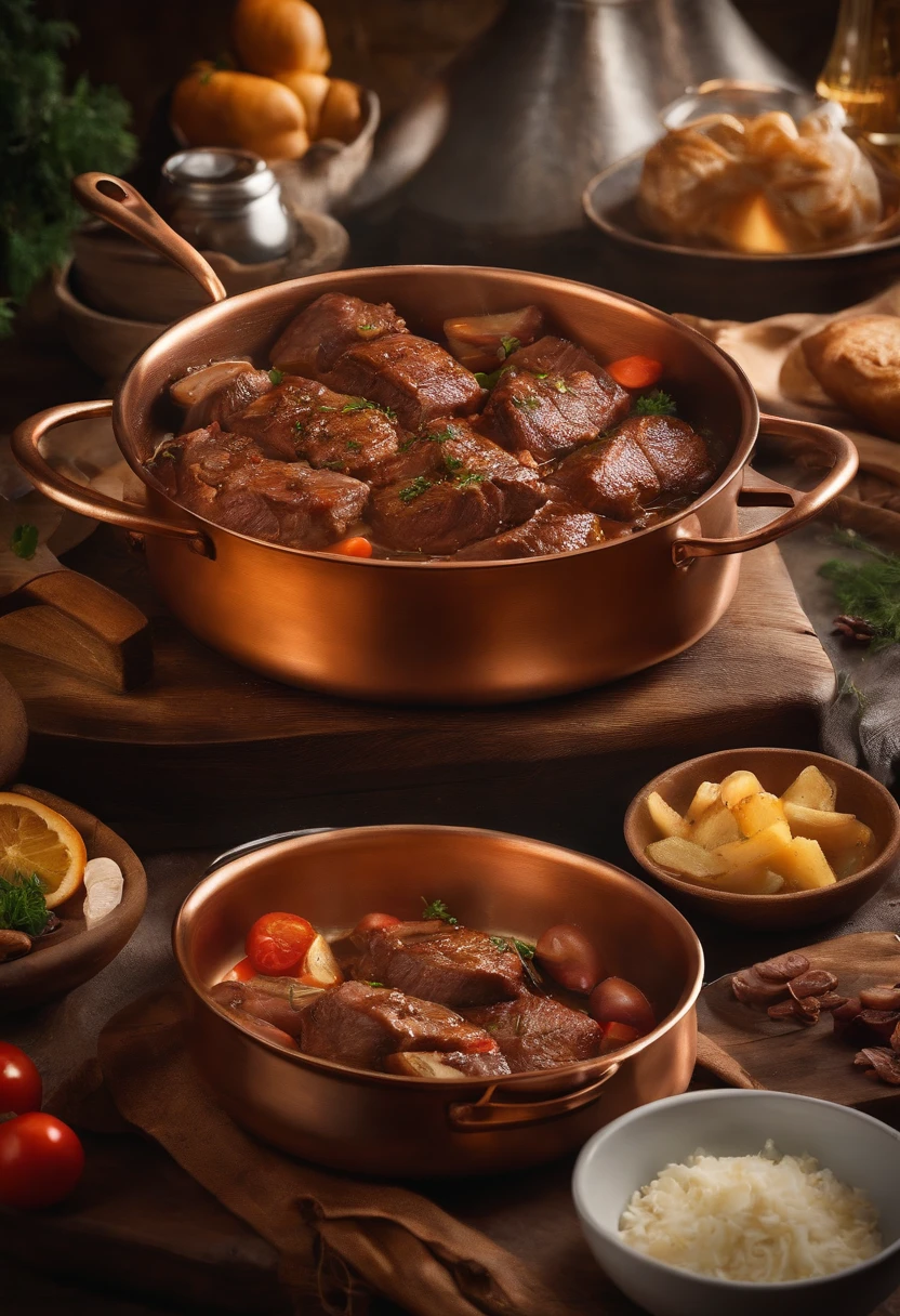 The copper pan is covered with beef,food,delicacies,photorealestic,k hd,the detail