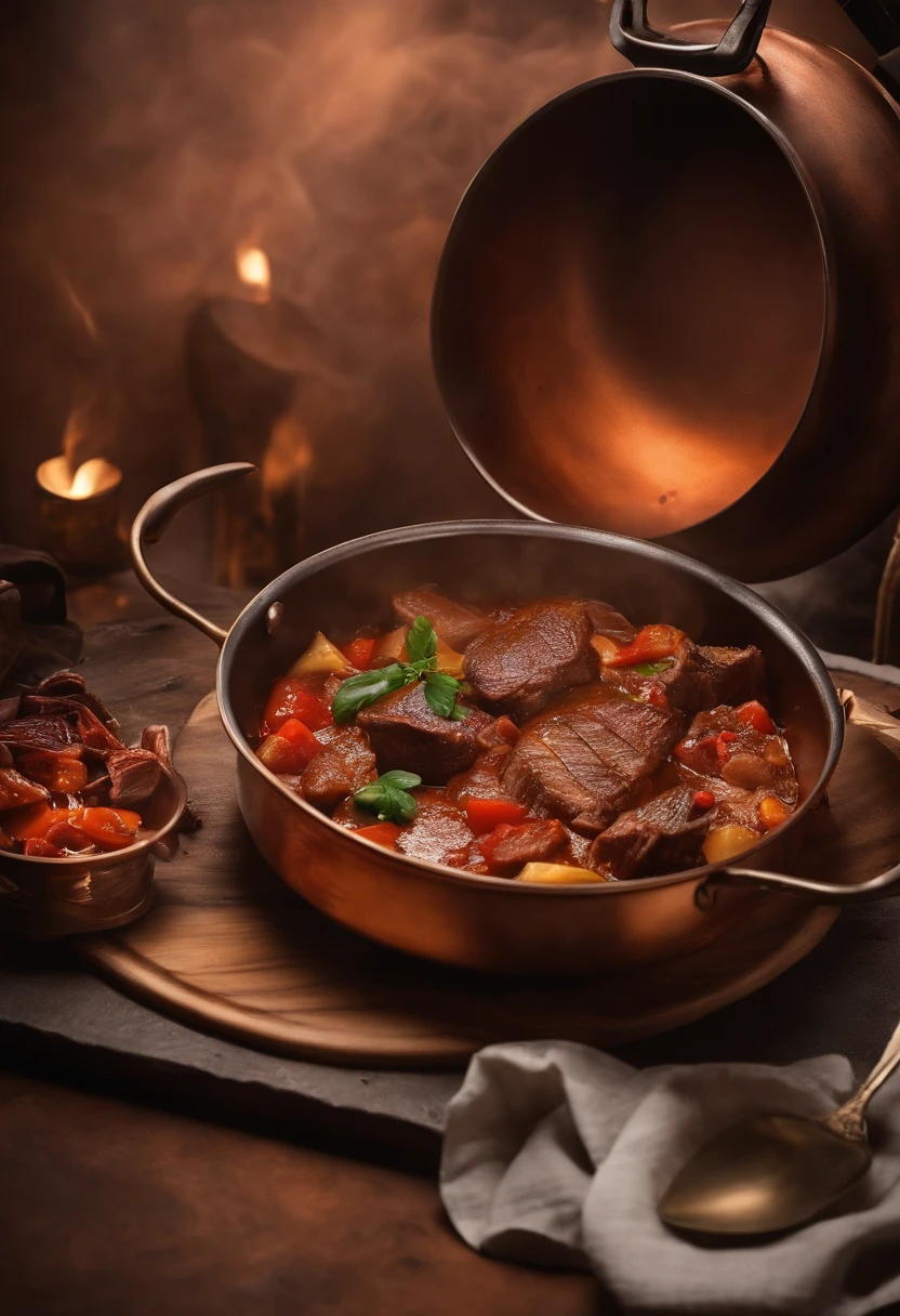 The copper pan is covered with beef,food,delicacies,photorealestic,k hd,the detail