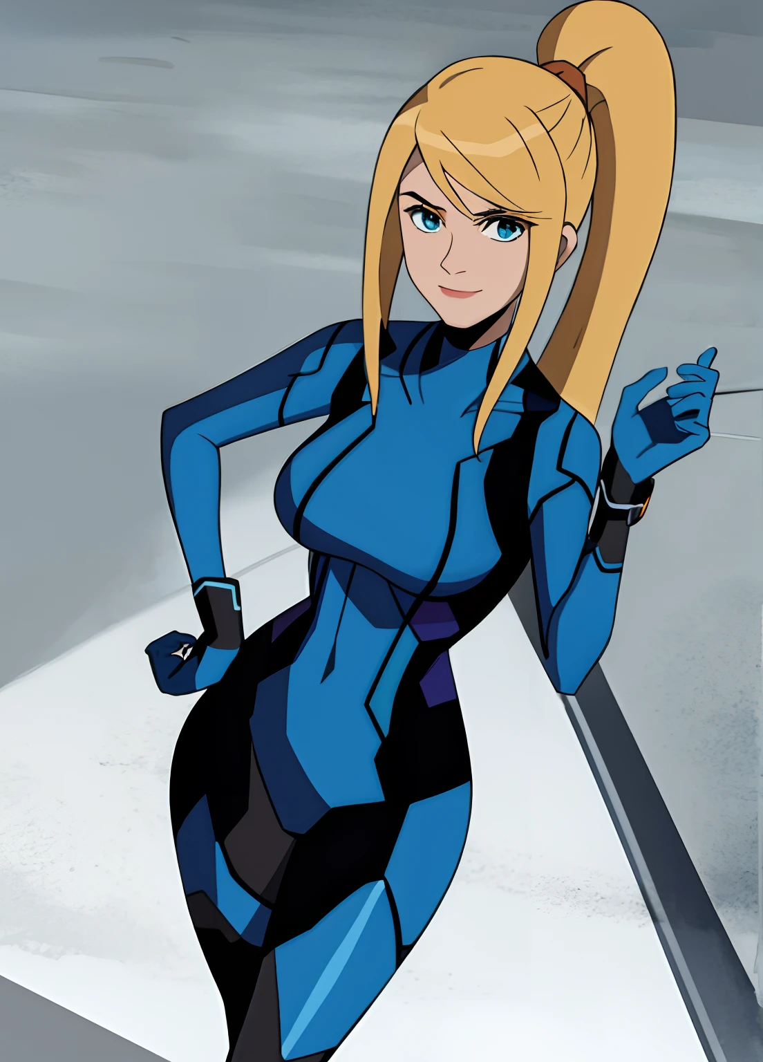 samus aran, ponytail, hair tie, blue gloves, ((blue bodysuit)), high heels (masterpiece, best quality:1.4), (modern days), (cowboy shot), 1girl, solo, pov, stunning girlfriend, (standing:1.1), elegant face, beautiful face, highly detailed face, highly detailed skin, medium breast, smug smile, looking at viewer,16k hdr, curvy, hand to hip, ben10af