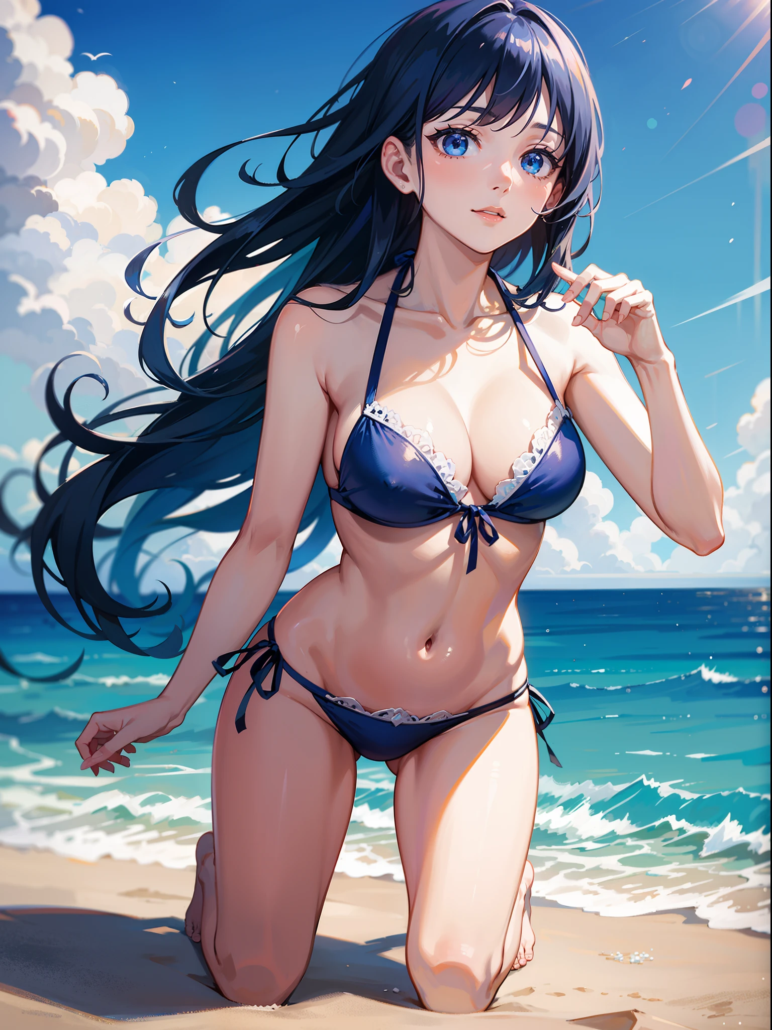 masterpiece, best quality, highest quality, intricate, high detail, highres, dramatic realistic lighting, bloom, light particles, young anime girl on the beach, blue sky, clouds, full body, eye focus, close up shot, blue bikini, perfect face, light blue hair, blue eyes, happy face