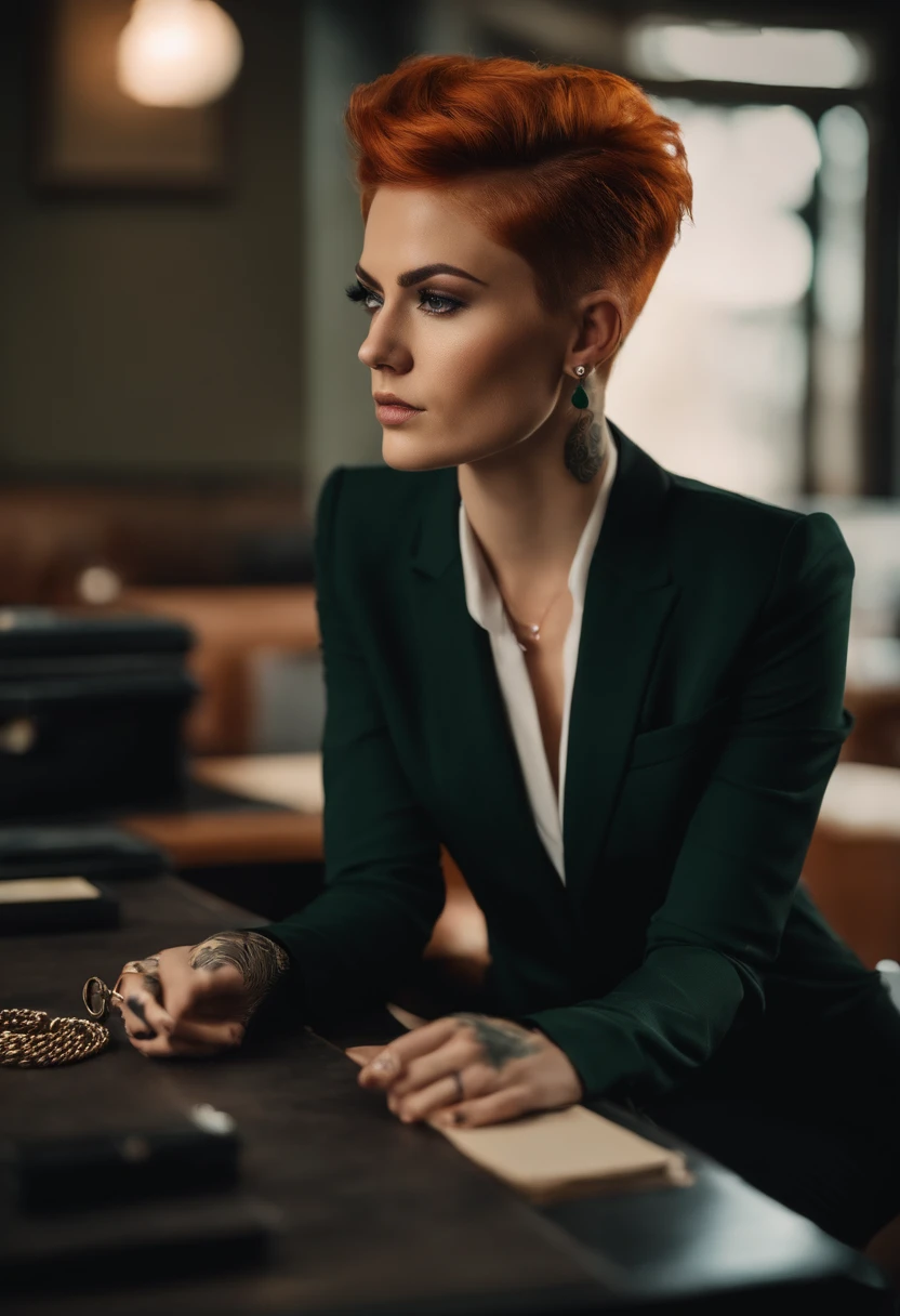 Young adult woman, short undercut hair style, burnt orange hair color, pale skin,\ black suit, stern expression, green eyes, long lower lashes, masculine face, hand tattoo, rings, across desk, dark lighting, money stacks, faded face scars, black suit pants, mean, black derby shoes, skinny, toned, (freckles 1.2)