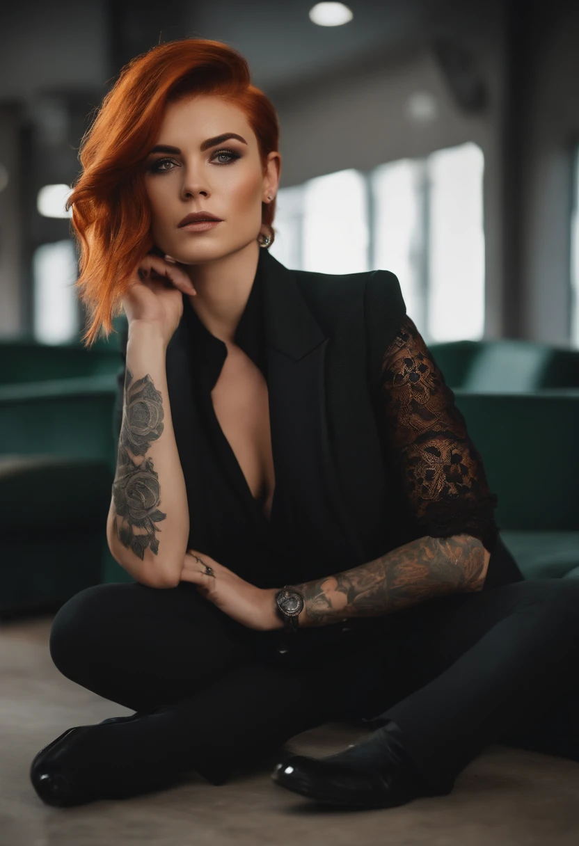 realistic image, Laurence Bedard, perfect image, sitting on a couch, looking away, shy, smiling, with a tattoo on her shoulder, wearing only a coloured mini skirt, full body tattoo, coffee shop,