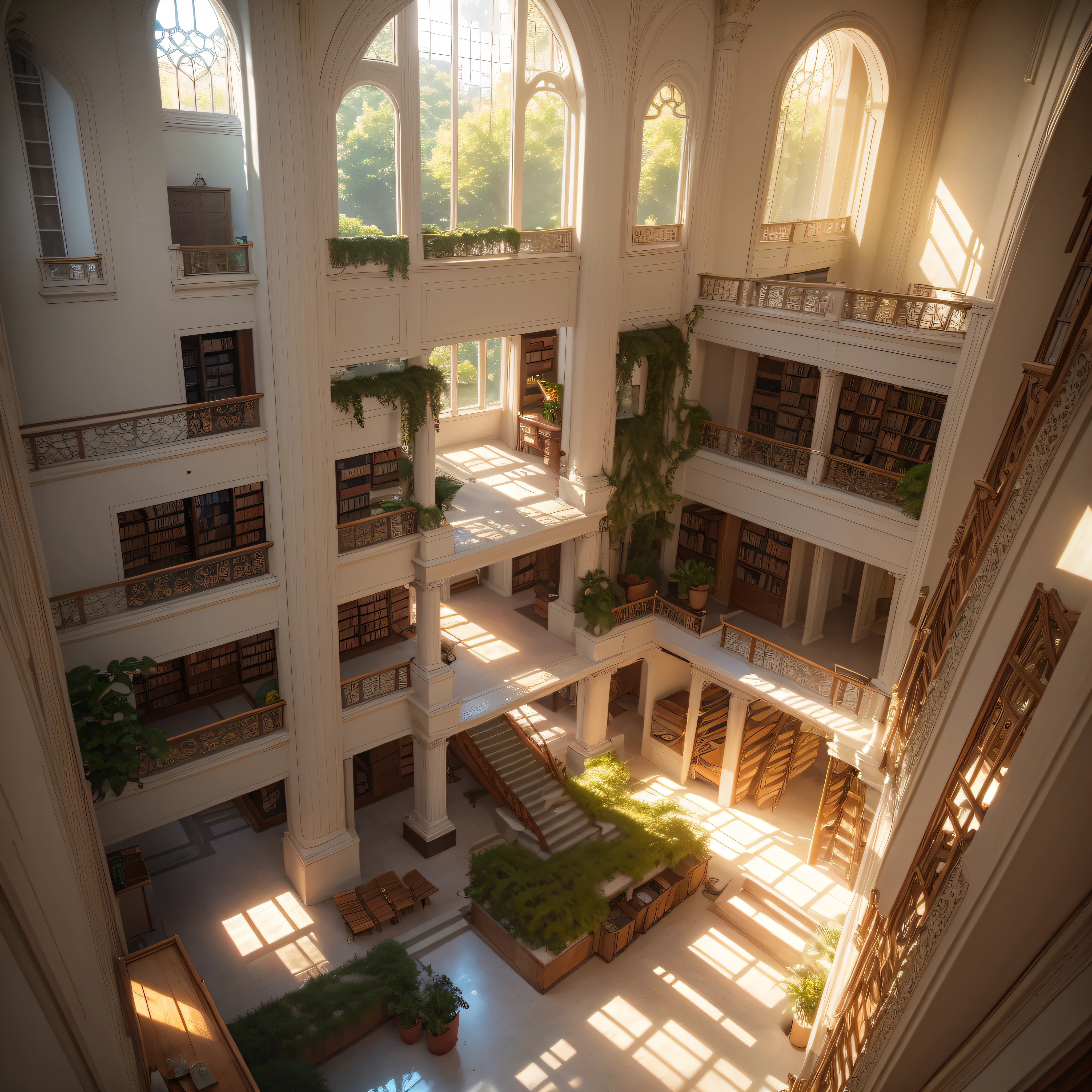 Sunlit Atrium: A central atrium flooded with natural light, surrounded by books and reading spaces.