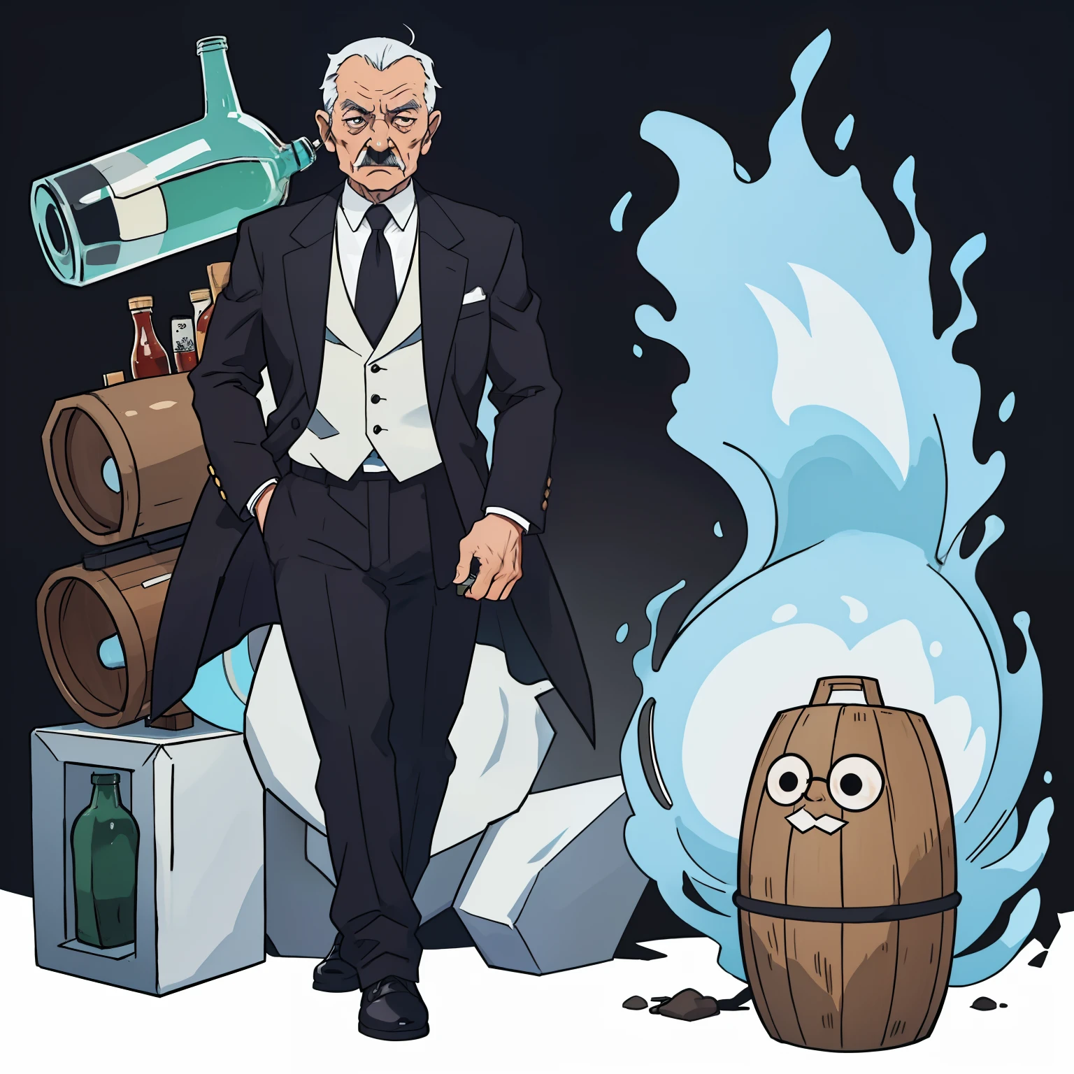 Mafia boss old man drinking domperi,Full body shot,The character is surrounded by bottles of Domperi,独奏,White background,Official characters