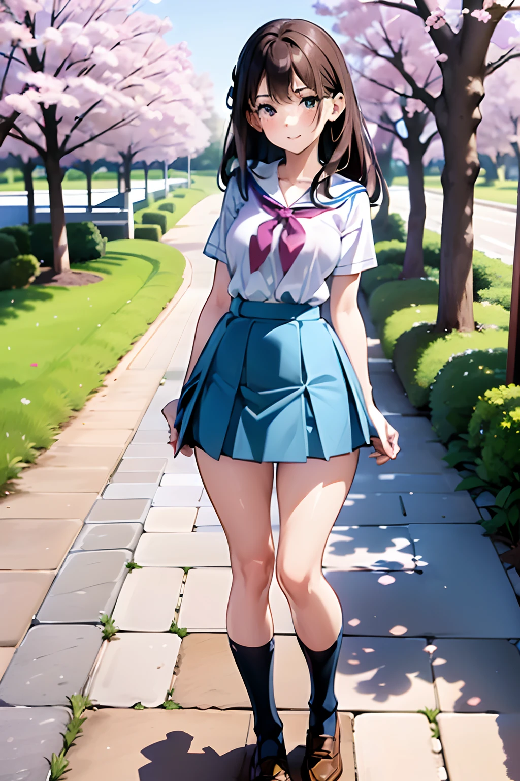 A girl in a garden, surrounded by cherry blossom trees, with a dreamy atmosphere and soft, warm lighting. She is wearing a blue collar and a blue pleated skirt. The scene is captured in an impressionistic style, with a pastel color palette that adds to the ethereal ambiance. The artwork is of high resolution (4K) and showcases fine details to bring out the intricacies of the garden and the girl's appearance.