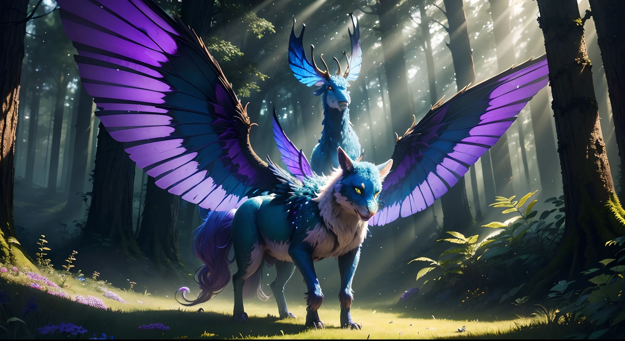 (best quality,4k,8k,highres,masterpiece:1.2),ultra-detailed,(realistic,photorealistic,photo-realistic:1.37),colorful, vibrant, illuminated, mystical, magical, surreal, enchanting, dreamlike, otherworldly, extraordinary, mythical, ethereal, fantasy creature with intricate details, majestic wings, shimmering scales, vibrant feathers, and (sharp focus,physically-based rendering). The creature stands tall in a lush, enchanted forest with rays of golden sunlight filtering through the trees. Its piercing eyes gaze into the distance with wisdom and mystery. Surrounding the creature are glittering butterflies, sparkling flowers, and glowing mushrooms, adding to the magical atmosphere. The colors range from deep blues and purples to lush greens and golden hues, creating a captivating and fantastical scene. The lighting is soft and warm, casting gentle shadows and highlighting the creature's features.