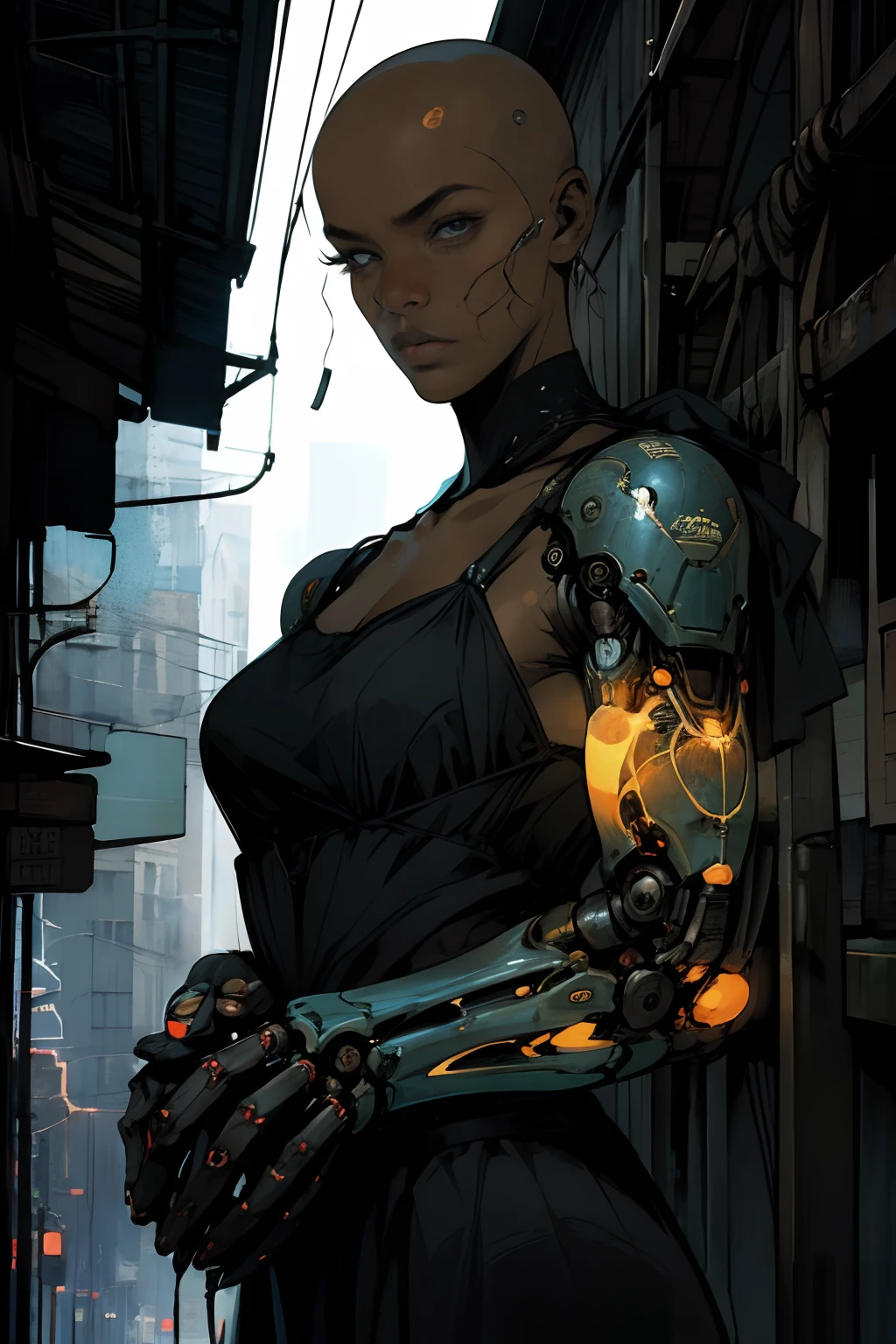 (masterpiece), (best quality), (comic), (bald), adult black woman, dark skin, devoid of hair, gritty, woman in a vintage elegant loose fitting silk dress, SCI-FI, black full mechanical arms, (1female), feminine, serious expression, intricate, mechanical arms devoid of lights, powerarm, accurate anatomy, accurate face, accurate five fingered hands, (dark background), (action shot), gritty, surreal, atmospheric, stylized, surreal, in the style of Boichi,