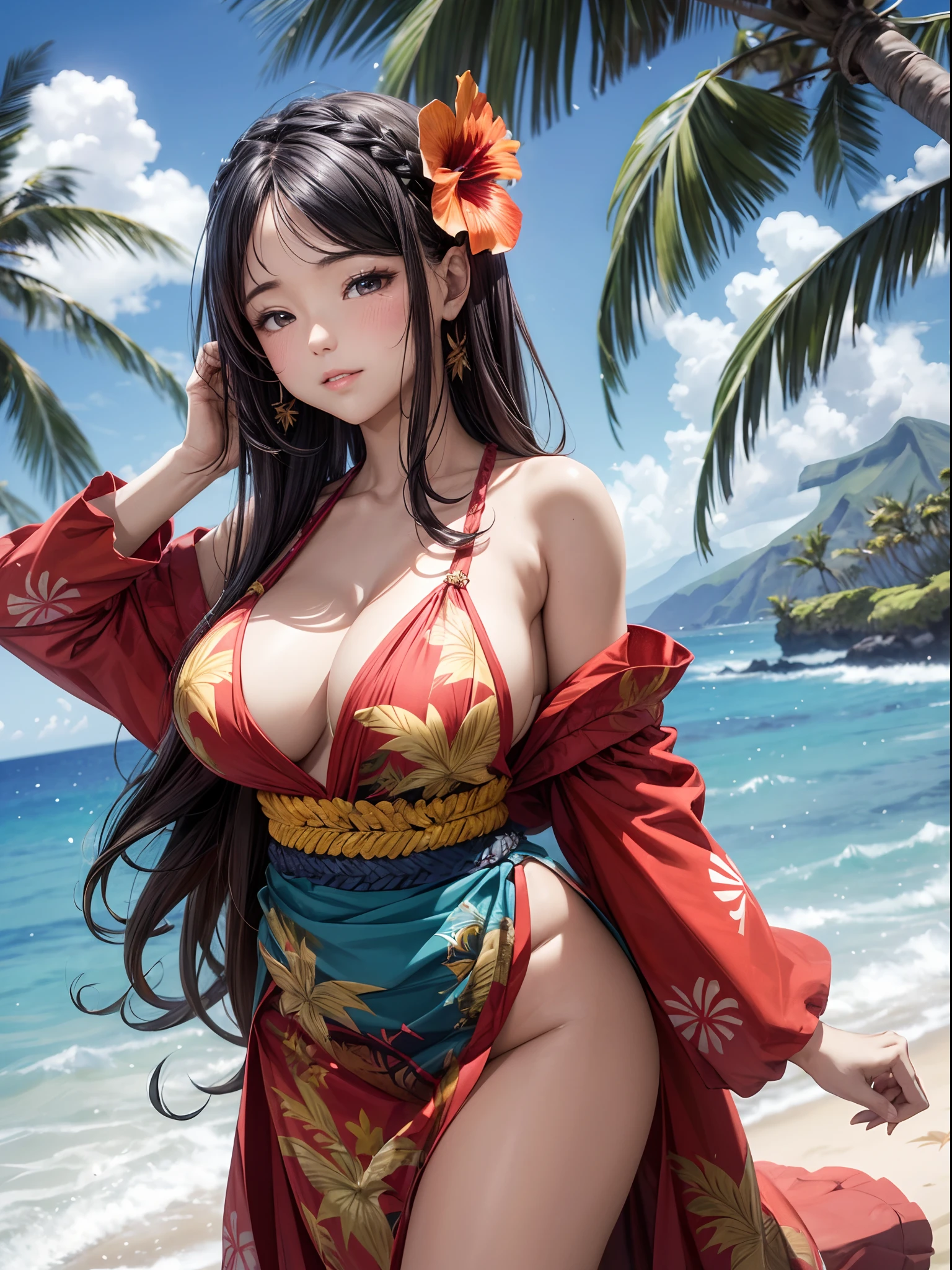 absurderes,(masterpiece、top-quality、8K ),intricate detailes,ultra-detailliert、One Hawaiian Beauty、(独奏)、(close range)、A slight smil、(Hawaiian national costume:1.4),long, wavy black hair、hibiscus hair ornament、darkskinned、large full breasts、bbw、(Hawaiian ocean、Palm trees:1.4),The wind is blowing、Hyper realistic,Perfect Anatomy