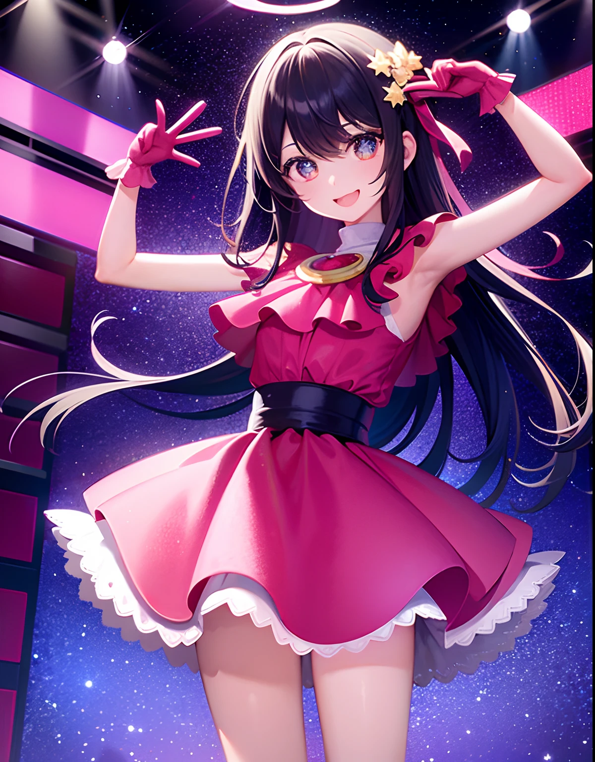 I checked the image。Using the following prompt、Second image(Hoshino Ai)You can create new images that reflect the characteristics of。
---
**Prompt:**
"A highly detailed anime-style illustration of a female idol character. She has long, flowing dark purple hair that reaches her waist, styled in straight locks. Her eyes are striking with star-shaped pupils in a deep shade of purple, giving a mystical and captivating look. She is wearing a vibrant idol outfit consisting of a red frilly top with star decorations and a yellow collar. Her gloves are red and adorned with small star accents. The character's pose is energetic and lively, reflecting her charismatic and confident personality as an idol. The background features soft, colorful lights, enhancing her stage presence."
