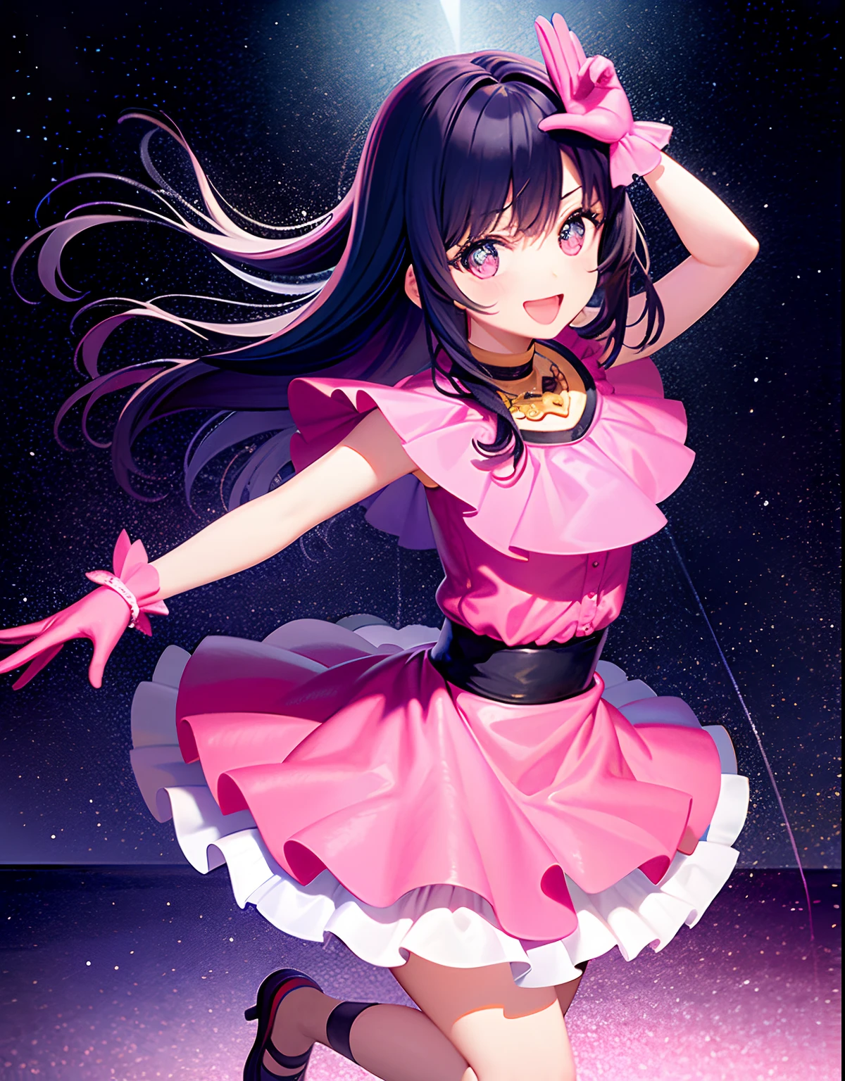 masterpiece, Hoshino Ai, 1girl, solo, big eyes with stars, big mouth, smile, pink gloves, posing, full body, pink costume, unique hairstyle, stylish live venue background,