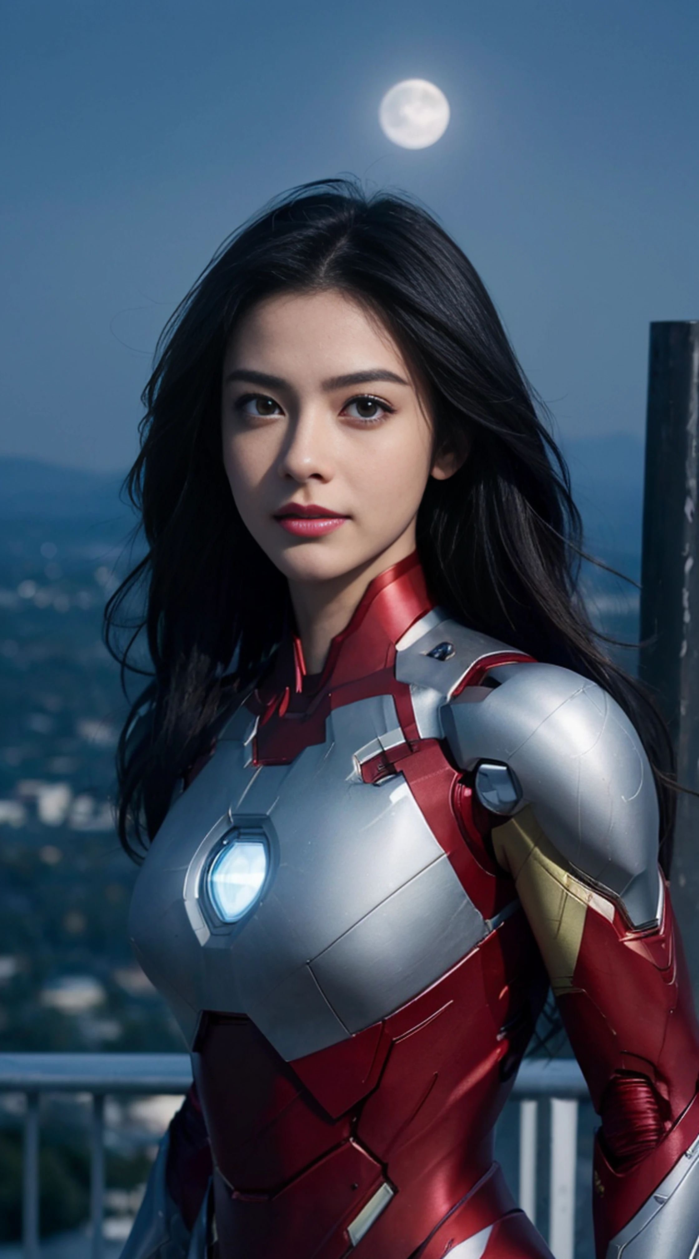 8K, Top Quality, Intricate Details, Ultra Detail, Ultra High Resolution, Masterpiece, random angle, Slender, Smile, (Makeup: 0.4), (Fluffy Blue Eyes: 1.21), blue Eyes, looking at viewer, ((full body)), 1girl, solo, 1 girl, (( full body)), close up shot, , ((tall)), (((fit body))), (((slim face))), sharp face, sharp eyes, (((black hair, long hair, )) , (detailed face), sharp face, small lips,
(( )), ((iron man suit)), detailed face, detailed breast, , large breast, detail ass, , Beautiful girl with accentuated slender abs: 1.4, Six Pack Abs: 1.4, Bust Botox, Big, Perfect Body, detail leg, (( moonlight)), top of mountain