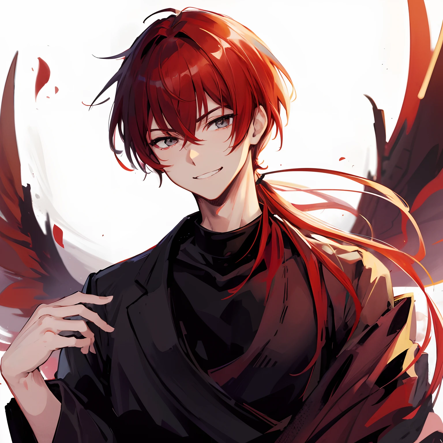 Japanese anime, beautiful young man, RED hair, grey eyes, shoulder length hair, low ponytail, cool black outfit, sharp eyes, grinning, firebird behind him, oblique upper angle,high quality, amount of drawing, pixiv illustration