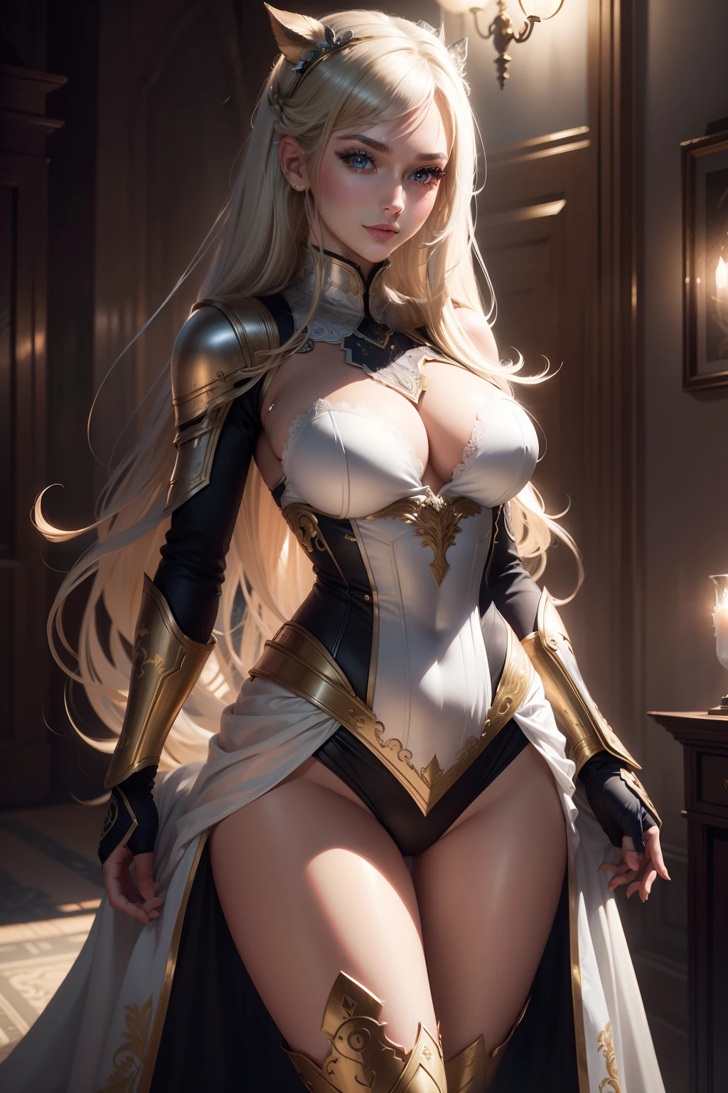 Best Illustration), 8K, intricate detailes, top-quality, ultra-detailliert, The best lighting, Best Shadows, Ultra HD, Draw, Fantastic decorative costumes, Beautuful Women, Blonde long hair, Silver Combat Suit,