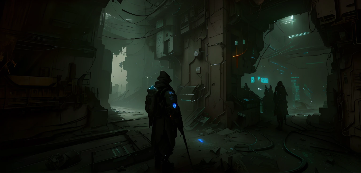 underground lab, Underground factory、disarray、Complex and high-definition、Wasteland, desert island、the night, Dimly lit interior spaces、Faint blue light,(Symmetrical frame perspective),(very dark environment),(a sense of suspense),(Very contrasting shades),Dystopian digital concept art, muted cyberpunk style, cyberpunk atmosphere, dark cinematic concept art, 8k concept art, 8 k concept art, award winning concept artist, 4K concept art, 4 k concept art, photorealistic dark concept art, Cyberpunk environment, 8 K high detail concept art