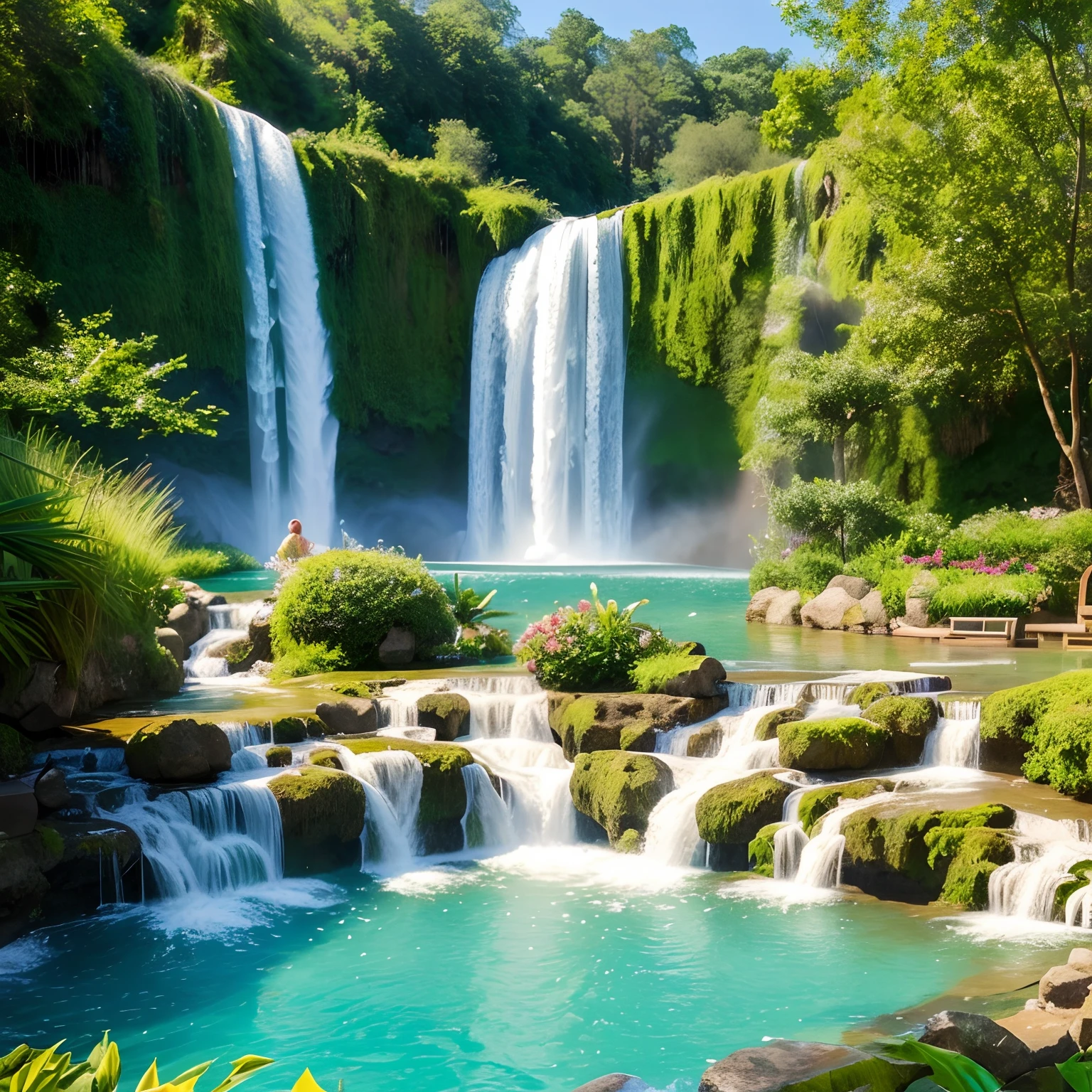 7 angels in a paradise garden with a waterfall view