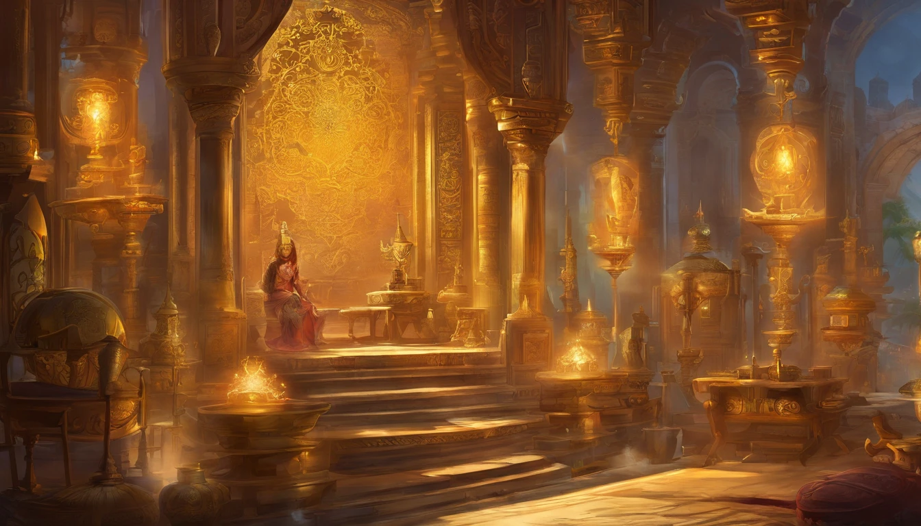 Showcase a wealthy merchant from ancient times in his treasure room filled with gold, silver, jewels, and carriages. Suddenly, shadows of thieves lurk nearby, hinting at the impending theft. Nearby, symbols of ancient Buddhist teachings enhance the spiritual depth.
