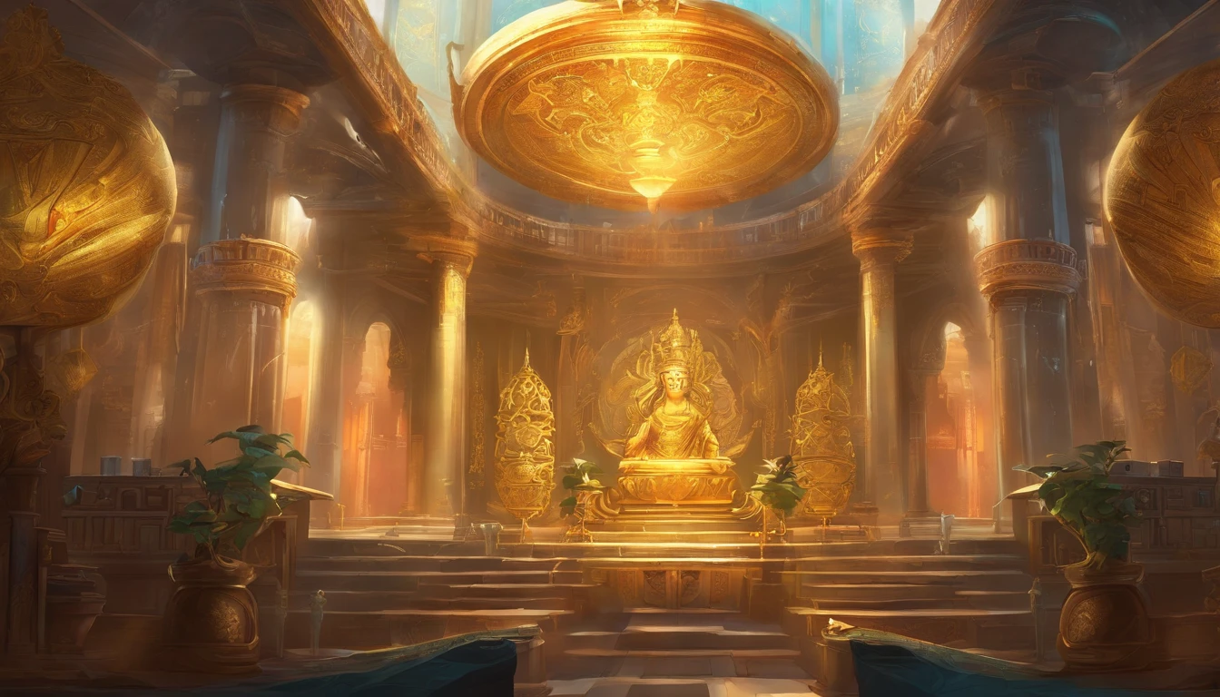 Showcase a wealthy merchant from ancient times in his treasure room filled with gold, silver, jewels, and carriages. Suddenly, shadows of thieves lurk nearby, hinting at the impending theft. Nearby, symbols of ancient Buddhist teachings enhance the spiritual depth.