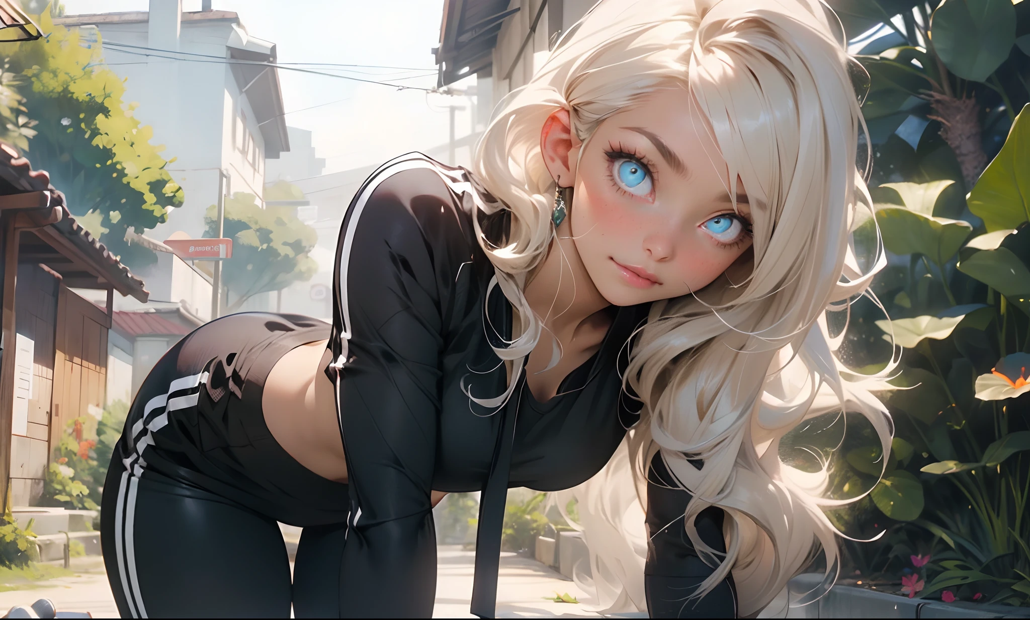 a close up of a woman with tattoos on her legs, hood, blonde  Anime girl with long hair, in the style of Guweiz ,  Realistic anime art style , realistic art style,  realistic anime art style , realistic anime 3D style, anime realism style,  Anime girl with long hair, artgerm style,  beautiful work of digital art , beautiful anime girl, UHD, Retina, masterpiece, Accurate, anatomically correct, textured skin, Super detail, high details,  high quality ,  award winning , best quality, highres, 1080P, HD, 16K