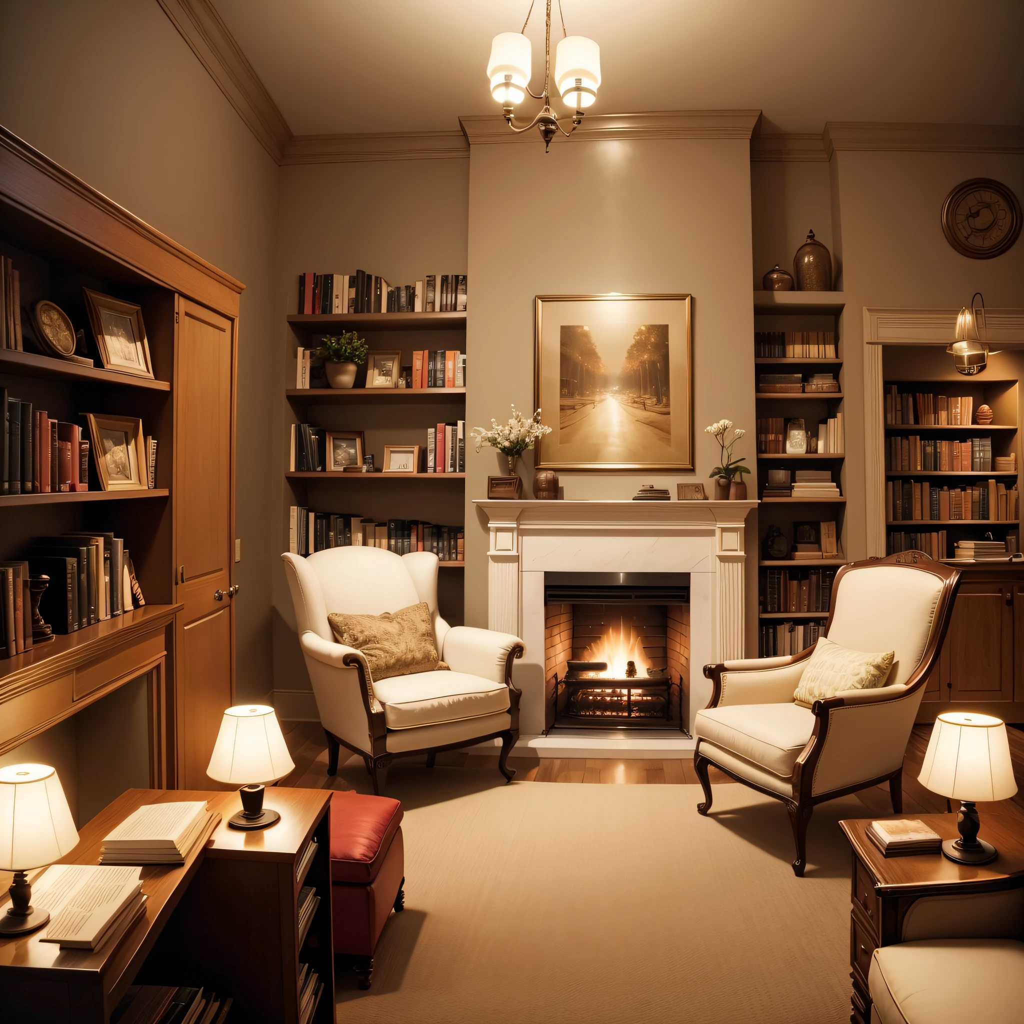 Cozy Fireplace Nook: A reading nook with a fireplace, comfortable chairs, and shelves of books.
