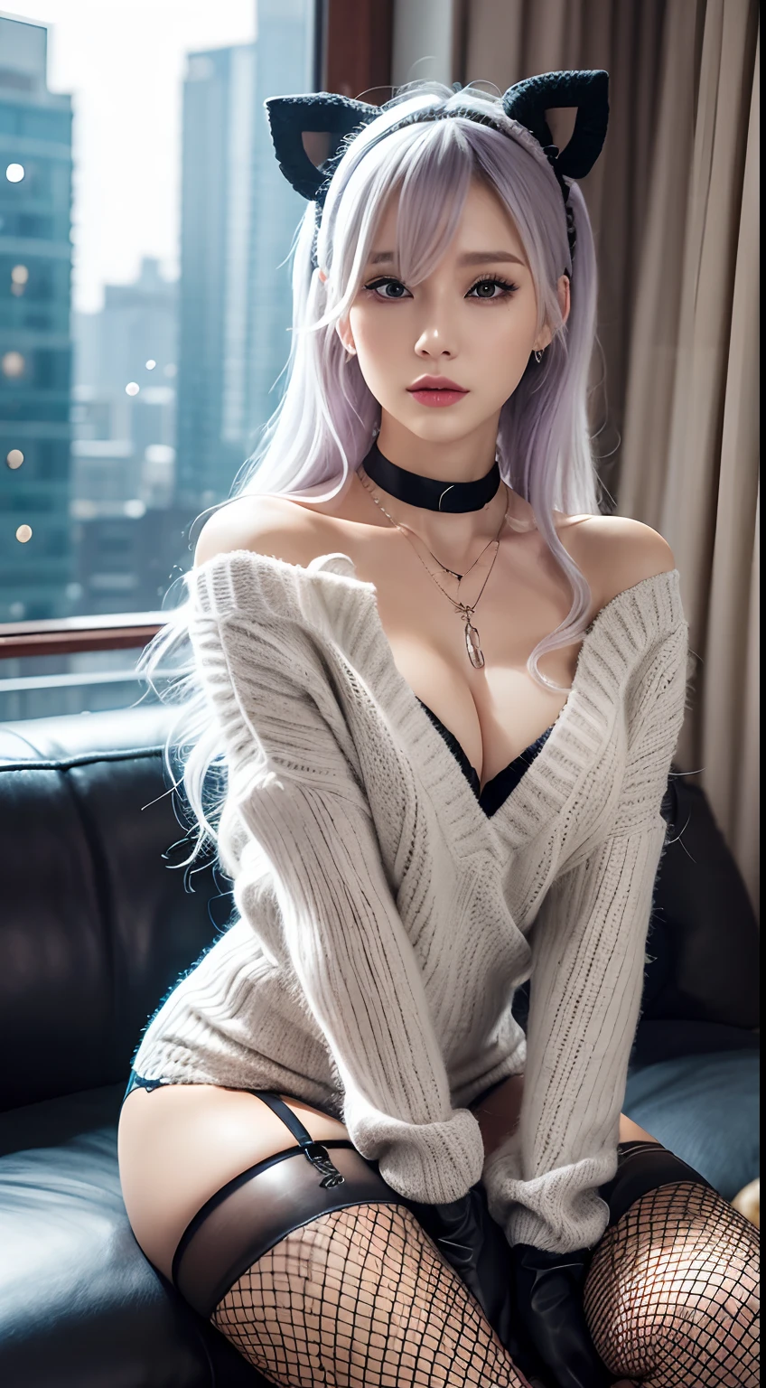 {{masutepiece}}, {{Best Quality}}, rainy day, Cityscape, in the cyberpunk city, Cityscape, Huge_filesize, wall-paper, girl, Medium Hair, White hair, Wavy Hair, hair-bun, hair pin, purple hairband, Beautiful detailed eyes, sweater dress, Ribbed sweater, Miniskirt, {sexy lingerie}, {Transparent underwear}, {stormy}, Fishnet stockings, knee_long boots, Necklace, Black Choker , half gloves , fingerless_mitts, Skirt lift,sexypose、