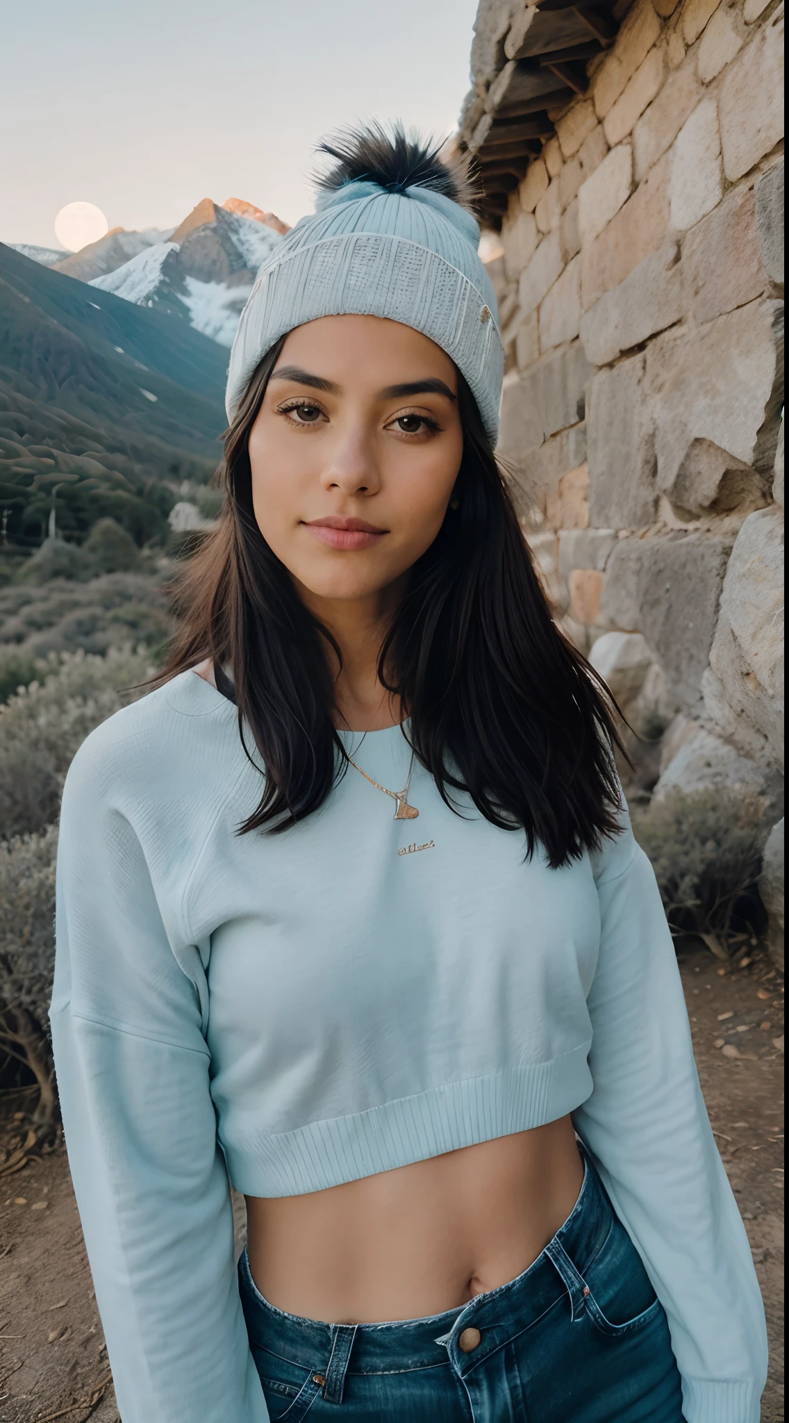 1 mujer ((parte superior del cuerpo selfie, feliz)), Obra maestra, mejor calidad, ultra detallado, solo, al aire libre, (noche), mountains, naturaleza, (estrellas, luna) alegre, feliz, mochila, bolsa de dormir, estufa de camping, botella de agua, Mountain boots, guantes, sweater, tiene, Linterna, bosque, rocas, river, madera, fumar, oscuridad, contrast, Cielo limpio, analog style (mirar al espectador:1.2) (Textura de la piel) (film grain:1.3), (warm tone, warm tone:1.2), de cerca, cinematic light, side lighting, ultra high resolution, mejor sombra, crudo, parte superior del cuerpo, vistiendo jersey