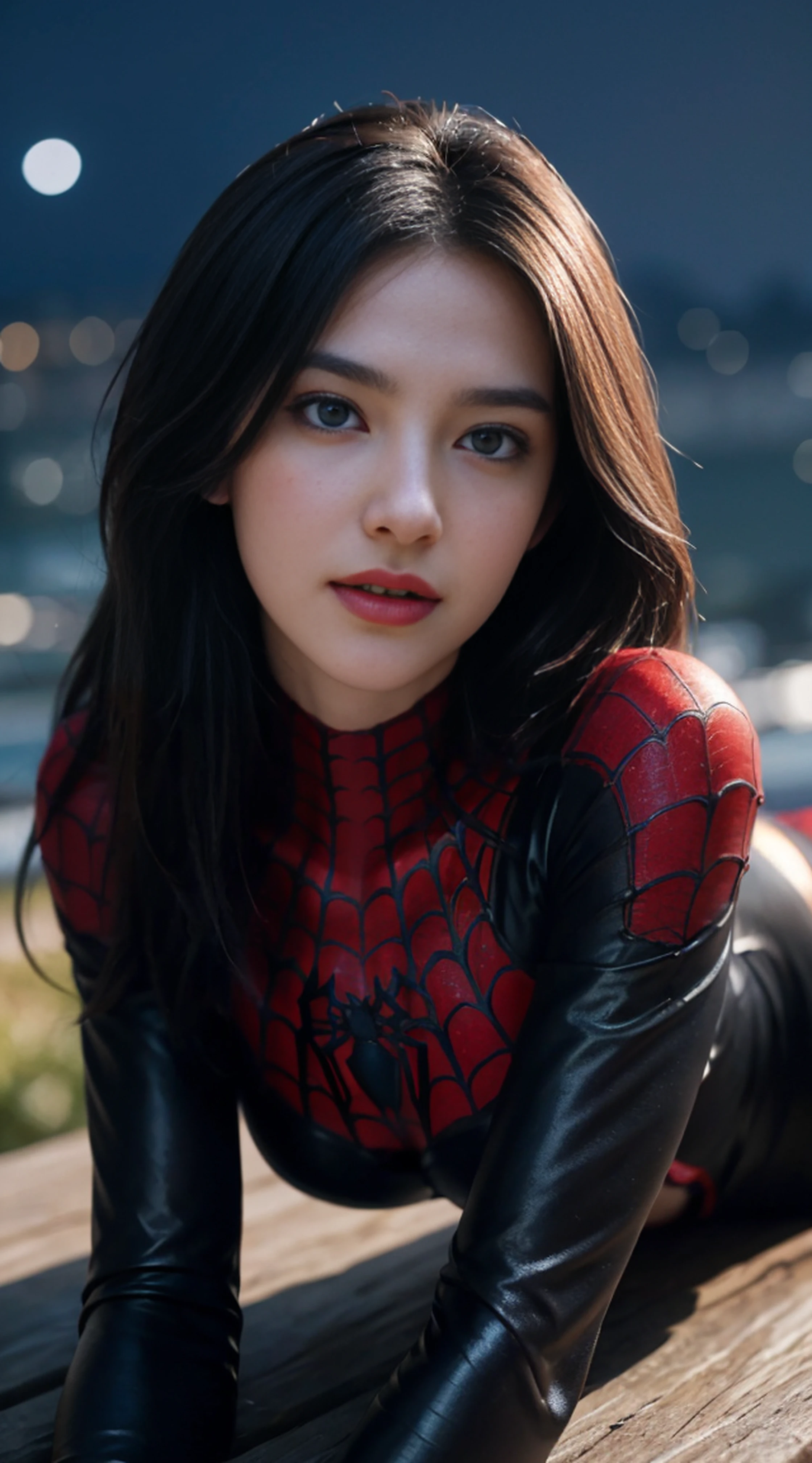 8K, Top Quality, Intricate Details, Ultra Detail, Ultra High Resolution, Masterpiece, random angle, Slender, Smile, (Makeup: 0.4), (Fluffy Blue Eyes: 1.21), blue Eyes, looking at viewer, ((full body)), 1girl, solo, 1 girl, (( full body)), close up shot, , ((tall)), (((fit body))), (((slim face))), sharp face, sharp eyes, (((black hair, long hair, )) , (detailed face), sharp face, small lips,
(( )), ((spiderman suit)), detailed face, detailed breast, , large breast, detail ass, , Beautiful girl with accentuated slender abs: 1.4, Six Pack Abs: 1.4, Bust Botox, Big, Perfect Body, detail leg, (( moonlight)), top of mountain