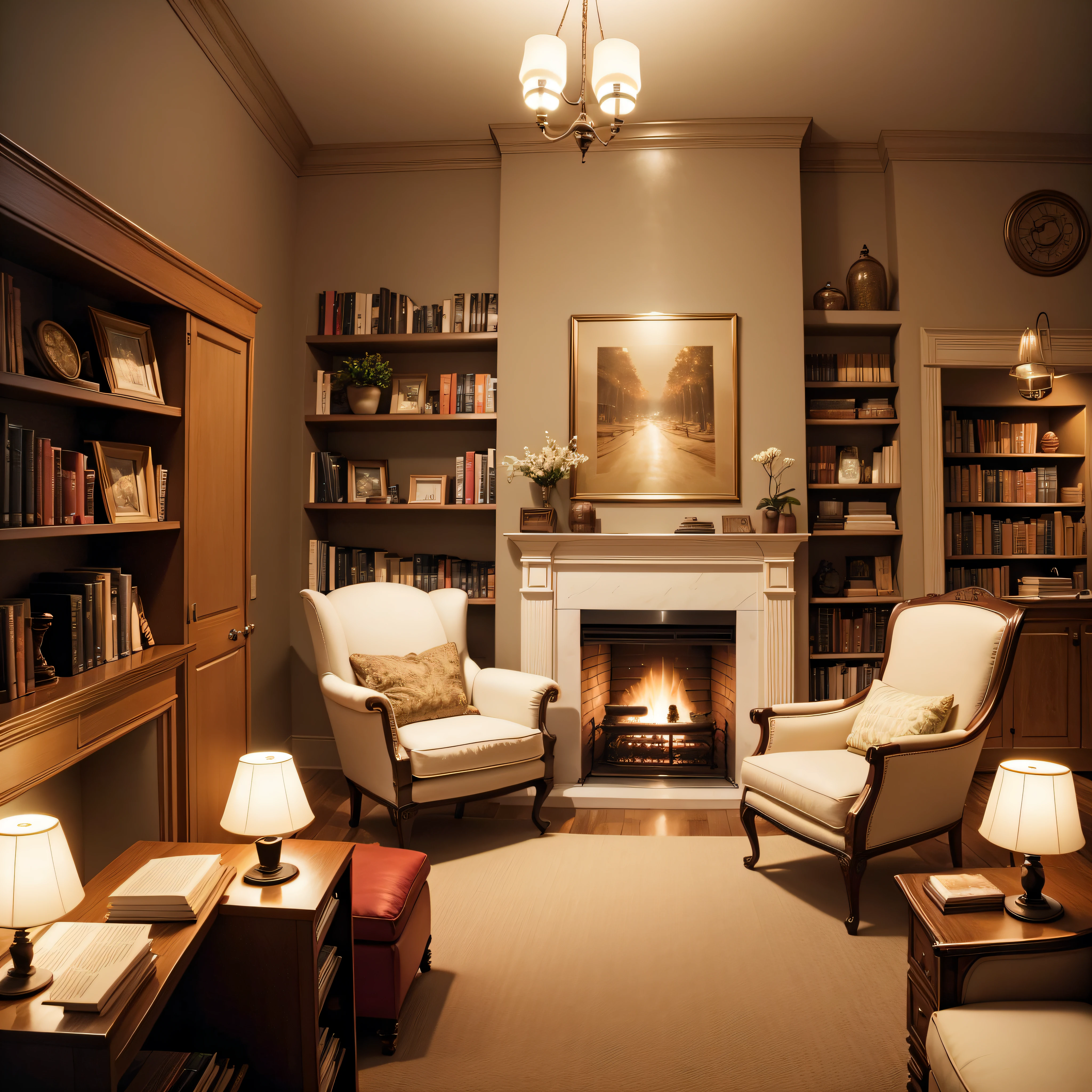 Cozy Fireplace Nook: A reading nook with a fireplace, comfortable chairs, and shelves of books.