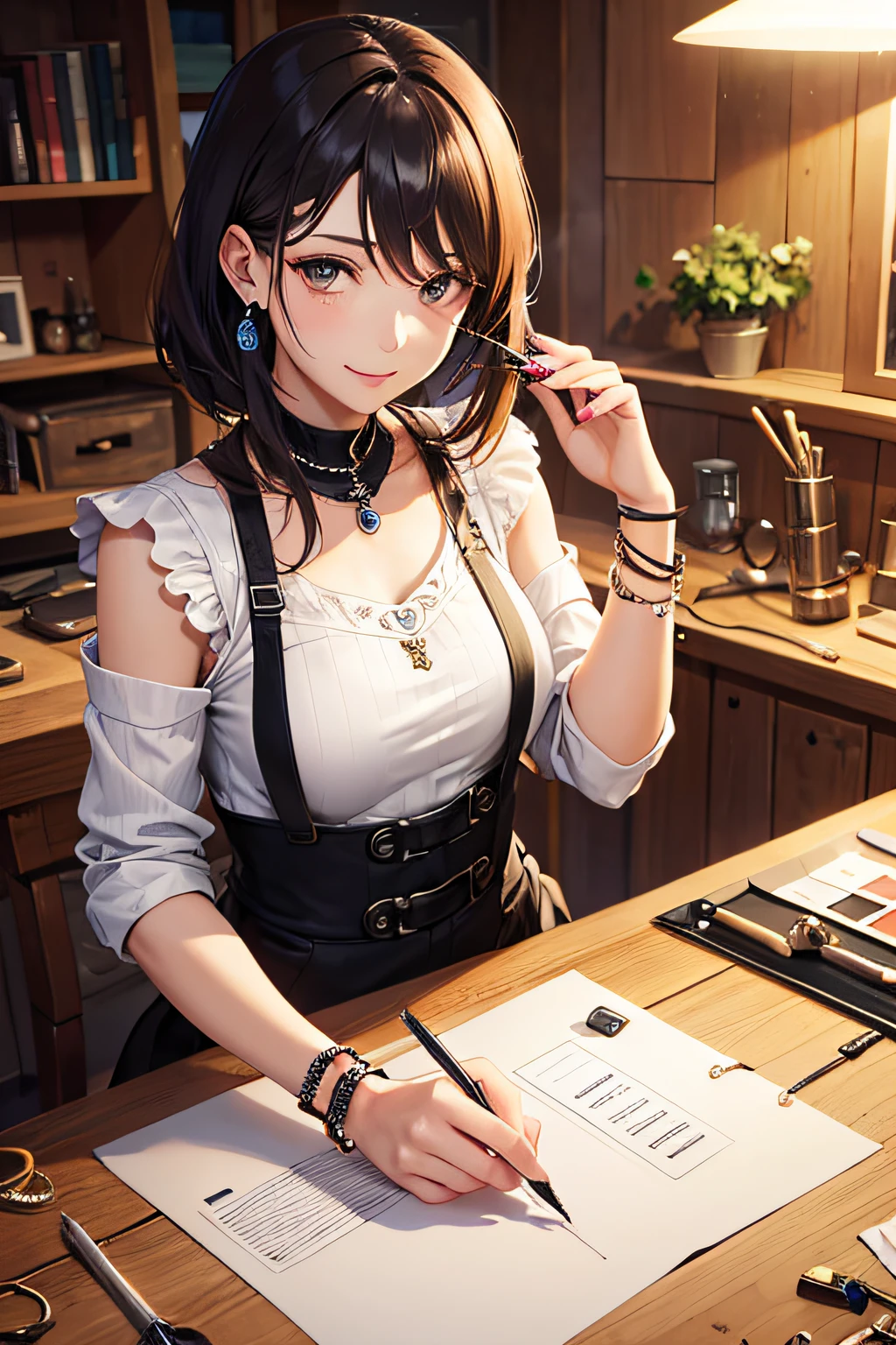 Ink style female jewelry designer in front of the workbench