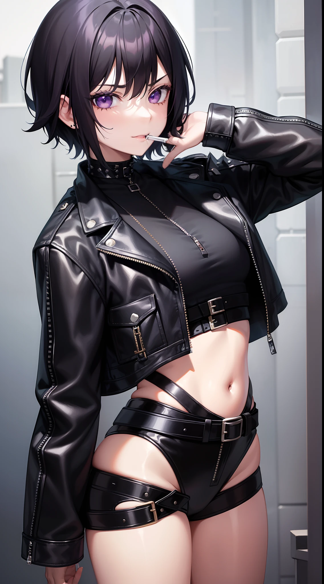 young girl, short black hair, violet eyes, smirk, Black leather jacket with spikes, open belly, breeches, Chains on clothes, scar on face, cigarette, Smoke, hiquality, 4k, HD, Good detail
