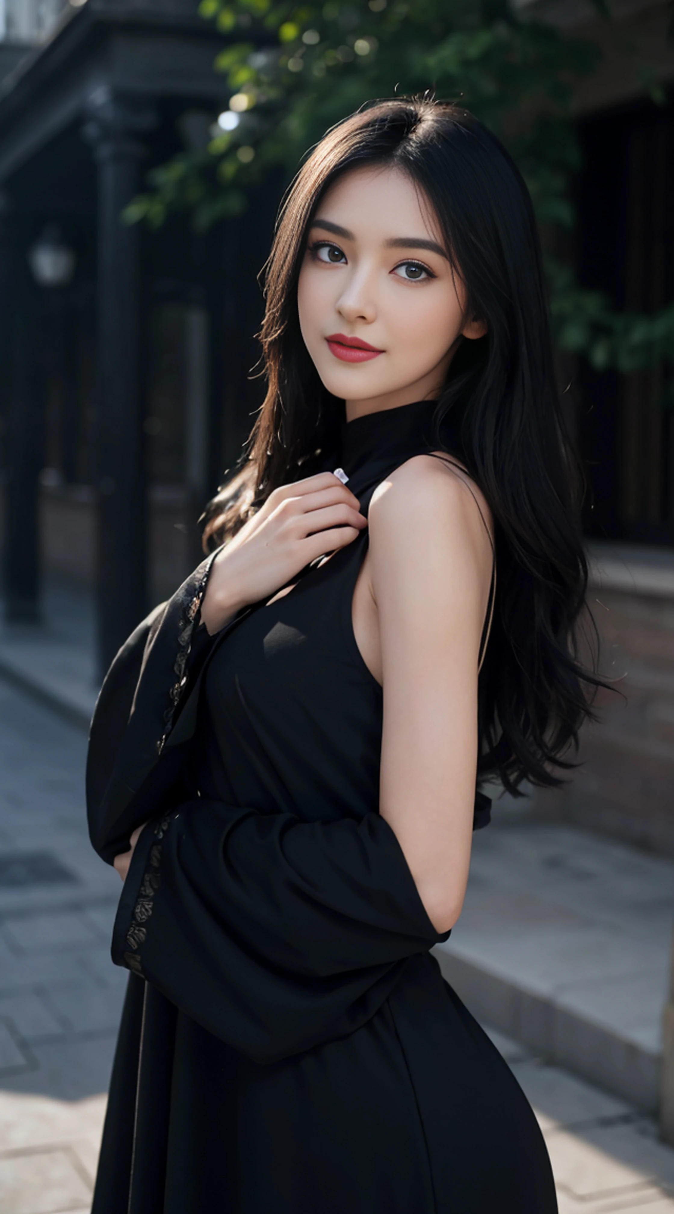 8K, Top Quality, Intricate Details, Ultra Detail, Ultra High Resolution, Masterpiece, random angle, Slender, Smile, (Makeup: 0.4), (Fluffy Blue Eyes: 1.21), blue Eyes, looking at viewer, ((full body)), 1girl, solo, 1 girl, (( full body)), close up shot, , ((tall)), (((fit body))), (((slim face))), sharp face, sharp eyes, (((black hair, long hair, )) , (detailed face), sharp face, small lips,
(( )), (abaya)), detailed face, detailed breast, , large breast, detail ass, , Beautiful girl with accentuated slender abs: 1.4, Six Pack Abs: 1.4, Bust Botox, Big, Perfect Body, detail leg, (( moonlight)), top of mountain