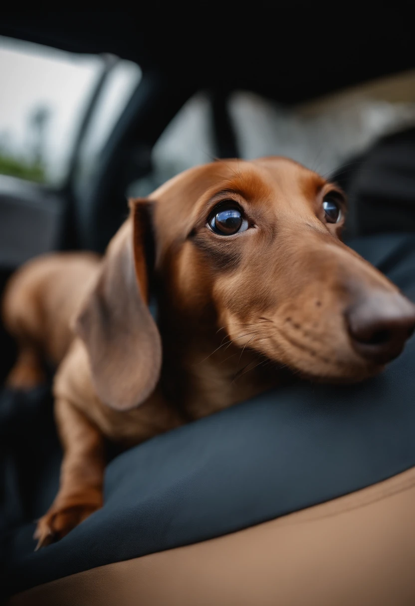 wide-angle lens、Dachshund、Tan color、View from the front、Nose Deca