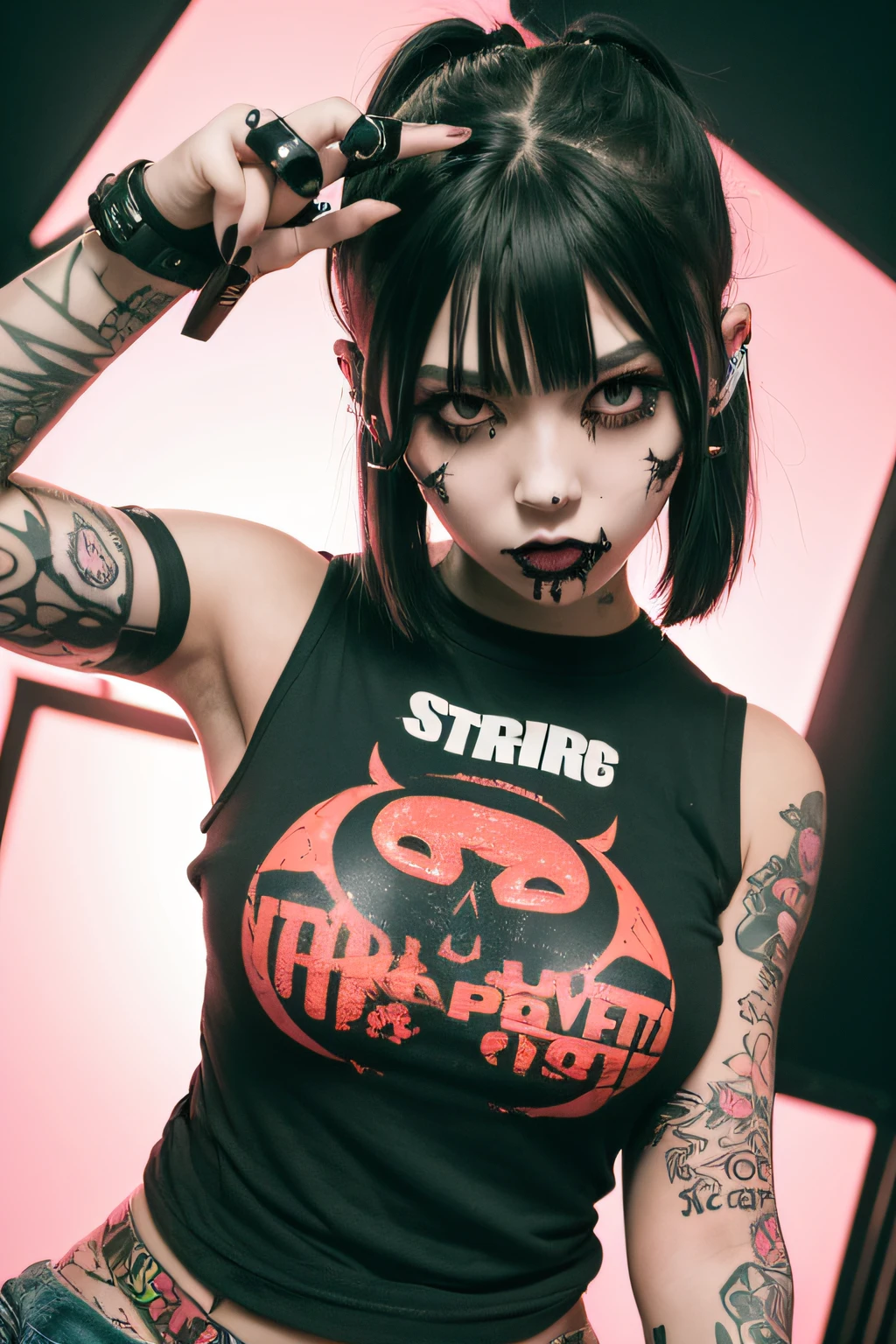 create a raver girl that's very spooky and gore, she's got short straight hair with piercings and tattoos, big boobs, gummy bear t-shirt