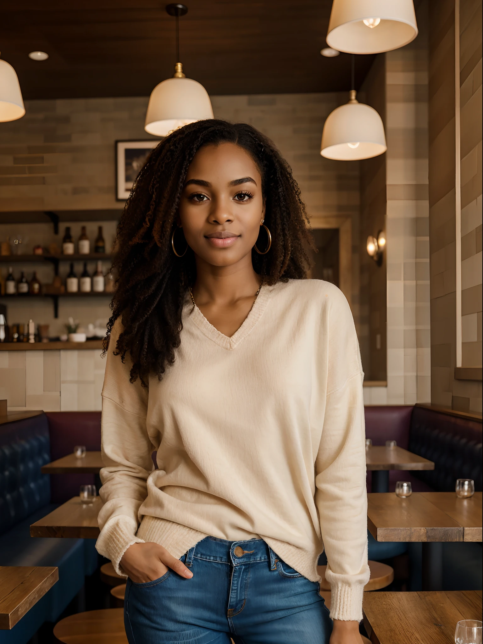 corps entier , beau visage, Cheveux longs et lisse,Warm light and clear complexion, afro-american, Detailed, ultra quality, poitrine claire, mignonne, adorable, Jeans et pull over dans un restaurant en mangeant