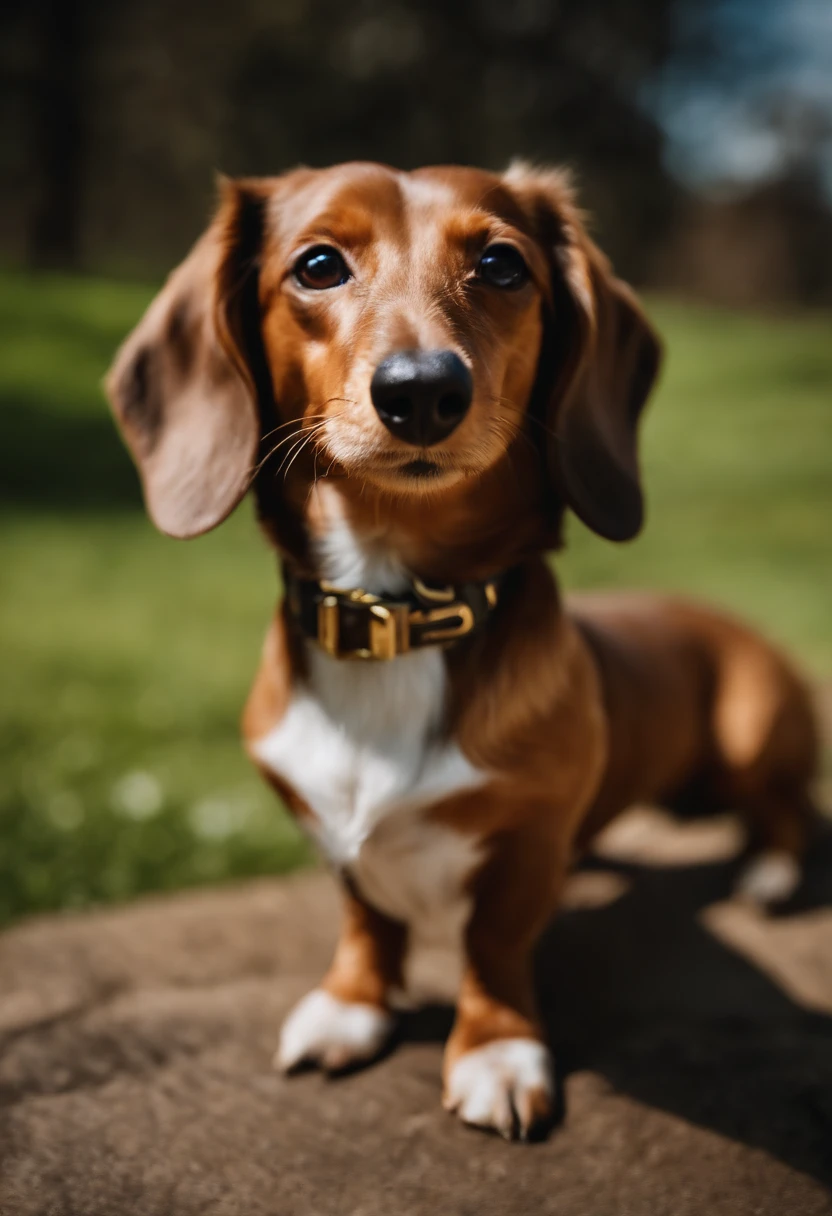 wide-angle lens、Dachshund、Gold color、View from the front、Nose Deca、Background Simple