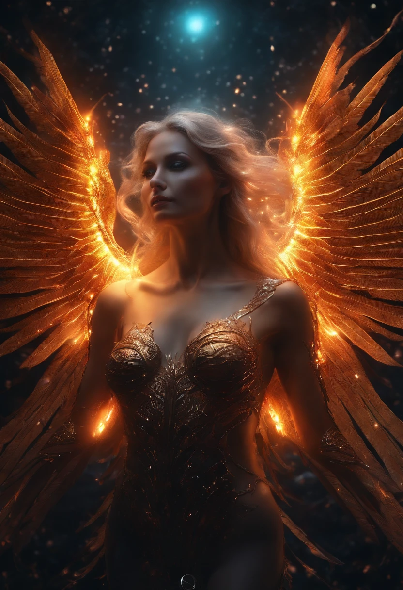 Cosmic Fallen Angel, glowing light eyes, Biomechanical, eerie, Creepy, nightmarish, Very bright colors, Light particles, with light glowing, Mshiff, wallpaper art, UHD wallpaper, boobs, no clothes