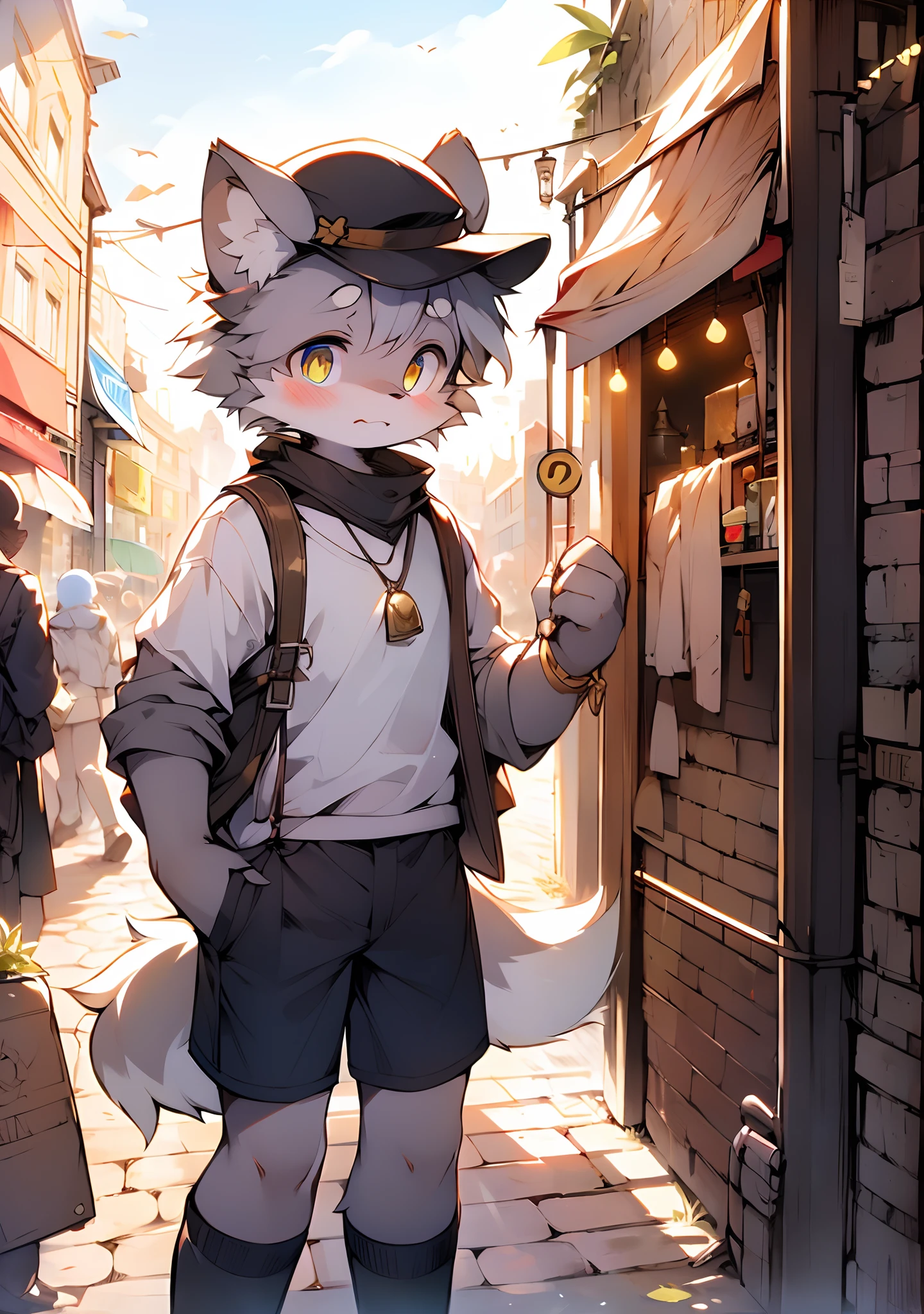 The streets of London at the beginning of the twentieth century,Cute little wolf,Libido boy,Slim figure,pale gray fur,Bright morning sun,Brown newsboy hat,white short blouse,grey shorts,Sell moe,Bright and smart eyes(A masterpiece)(high qulity)(Clear structure)(Clear lines)(Background of extreme detail)(extremelydetailedcharacter)Black stockings